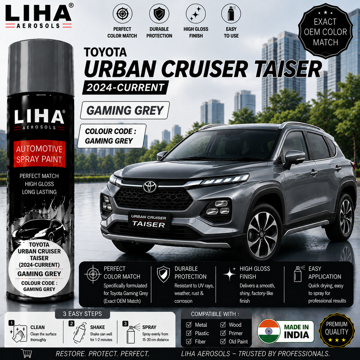 Toyota Urban Cruiser Taisor Gaming Grey Touch Up Spray Paint – OEM Color Match | LIHA Aerosols 500ml