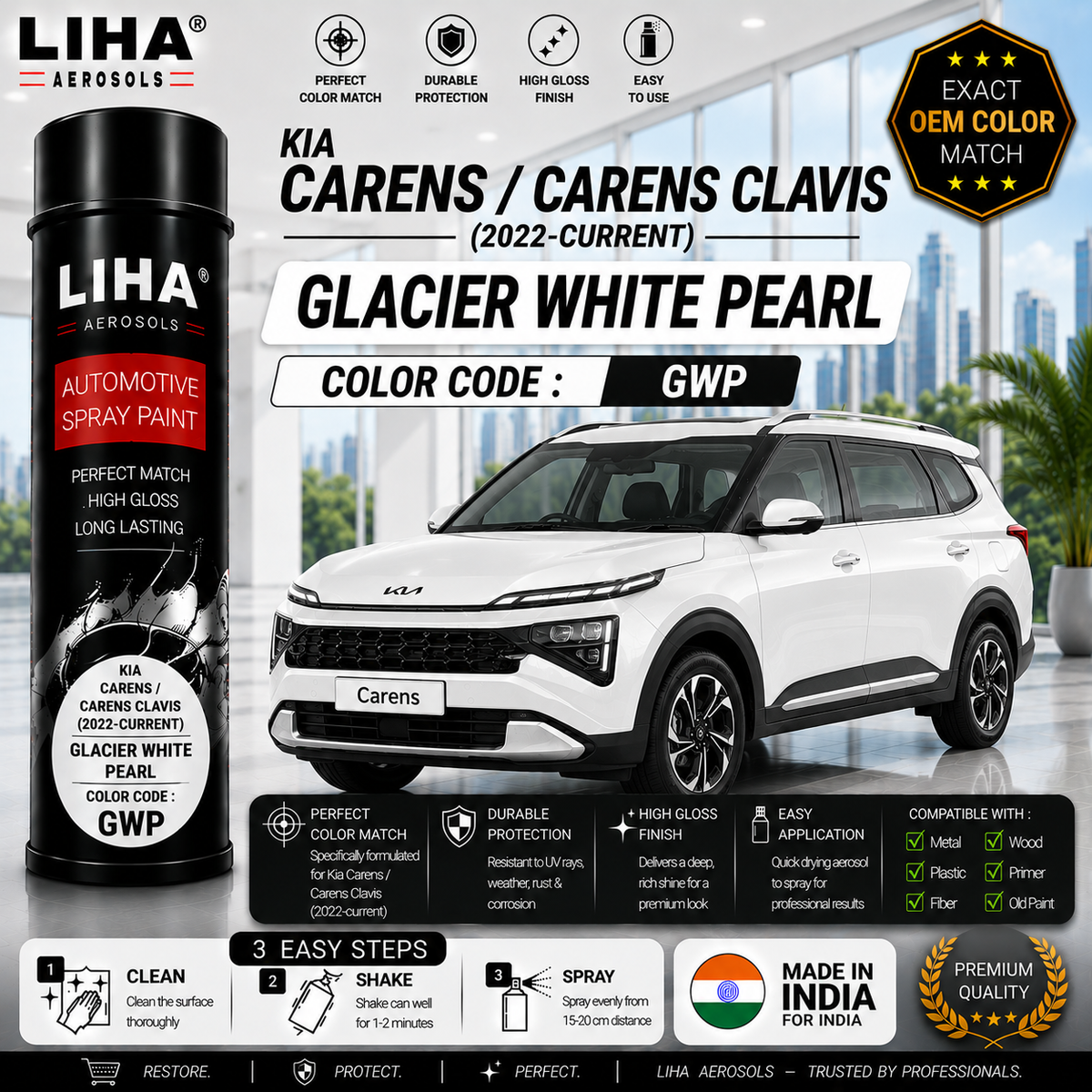 Kia Carens / Carens Clavis Glacier White Pearl Touch Up Spray Paint – OEM Color Match | LIHA Aerosols 500ml