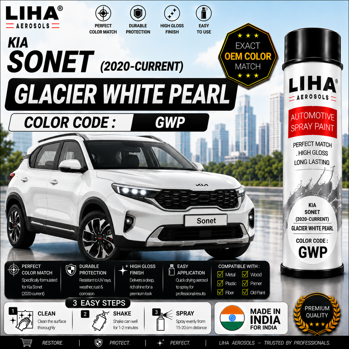 Kia Sonet Glacier White Pearl Touch Up Spray Paint – OEM Color Match | LIHA Aerosols 500ml