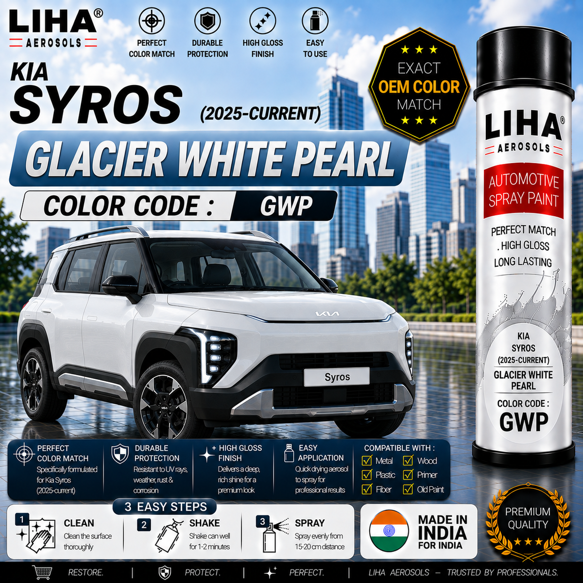 Kia Syros Glacier White Pearl Touch Up Spray Paint – OEM Color Match | LIHA Aerosols 500ml