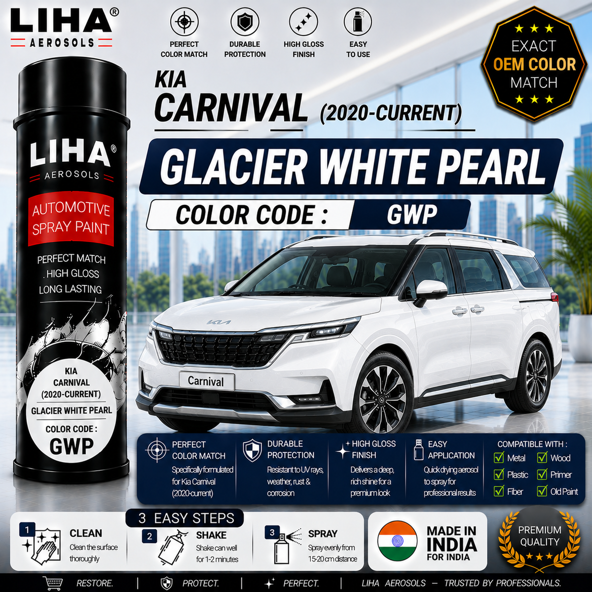 Kia Carnival Glacier White Pearl Touch Up Spray Paint – OEM Color Match | LIHA Aerosols 500ml