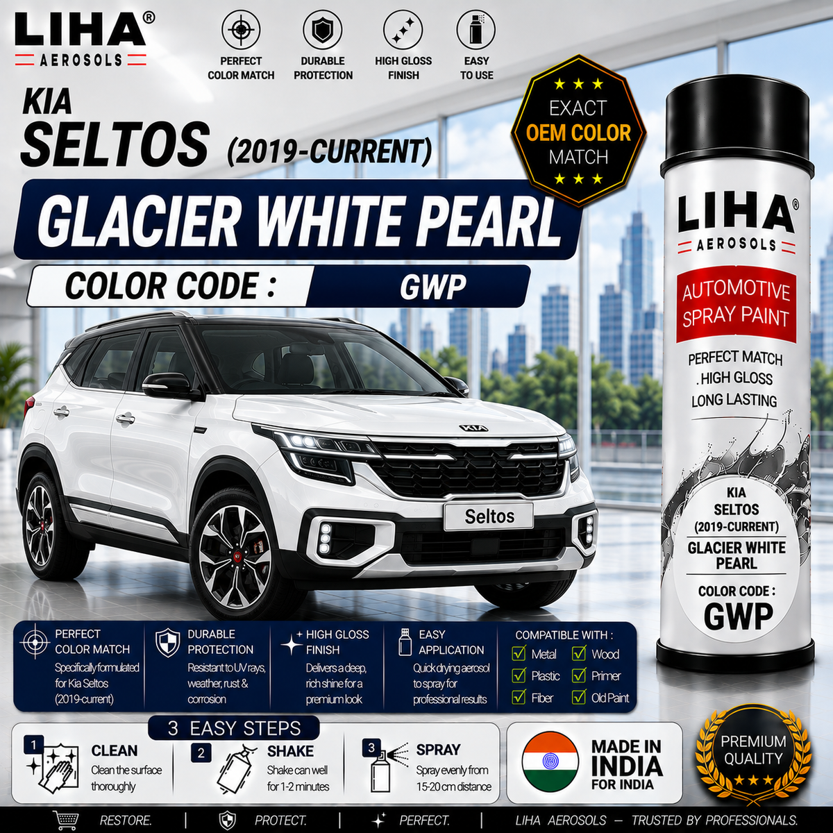 Kia Seltos Glacier White Pearl Touch Up Spray Paint – OEM Color Match | LIHA Aerosols 500ml