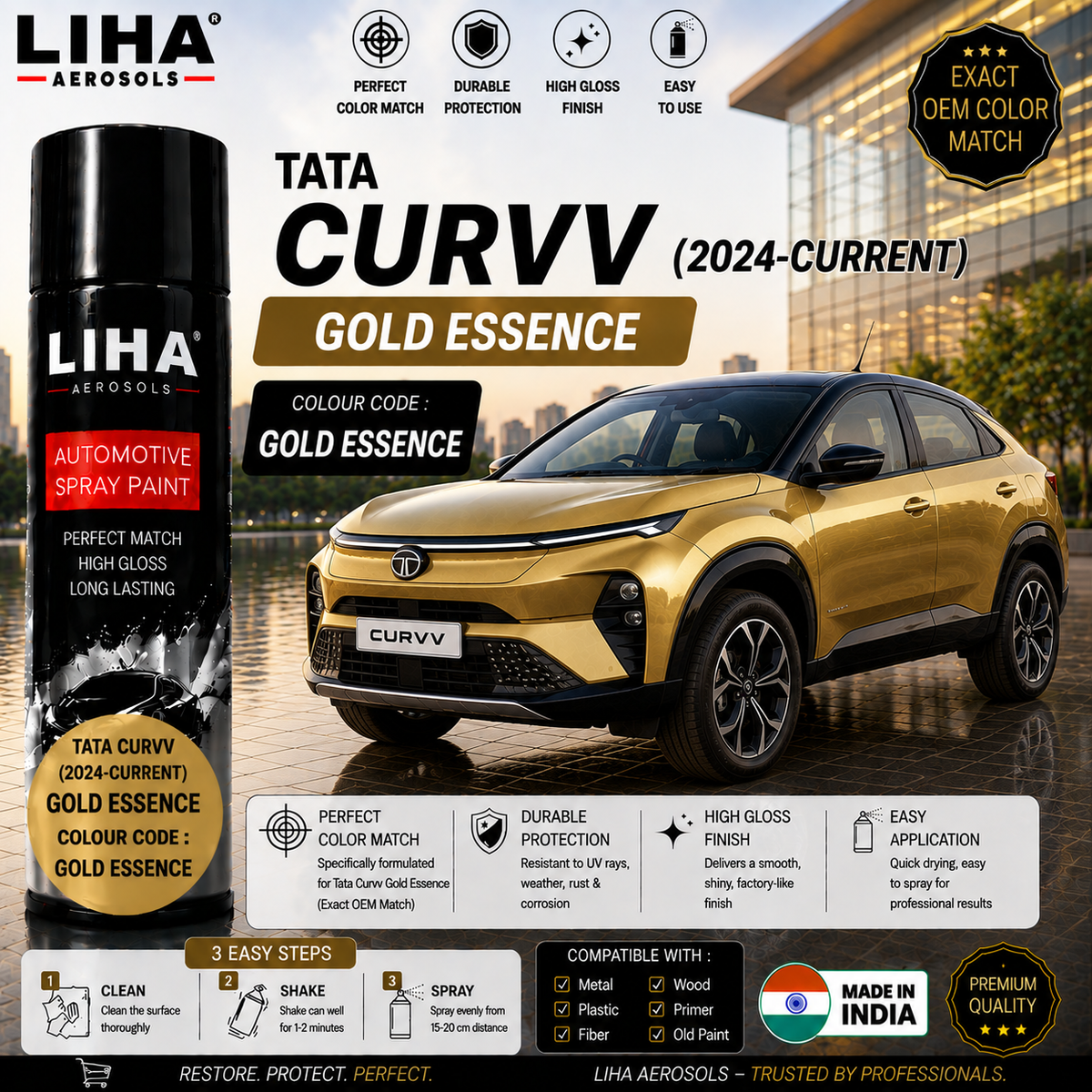 Tata Curvv Gold Essence Touch Up Spray Paint – OEM Color Match | LIHA Aerosols 500ml