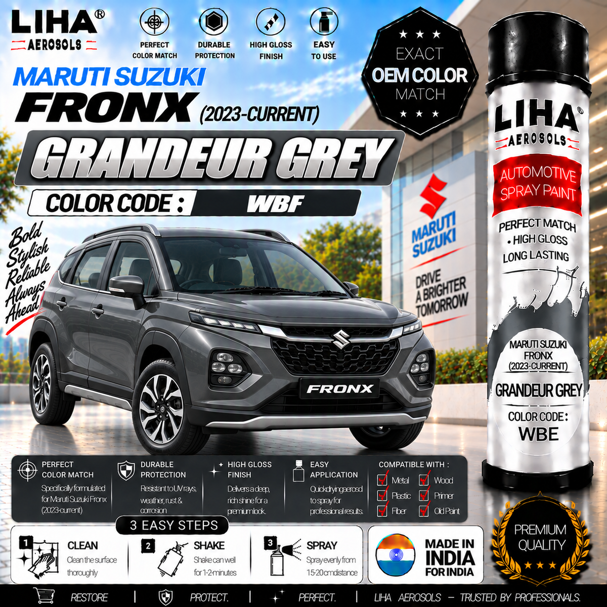 Maruti Suzuki Fronx Grandeur Grey Touch Up Spray Paint – OEM Color Match | LIHA Aerosols 500ml
