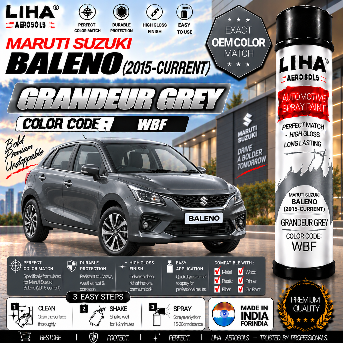 Maruti Suzuki Baleno Grandeur Grey Touch Up Spray Paint – OEM Color Match | LIHA Aerosols 500ml