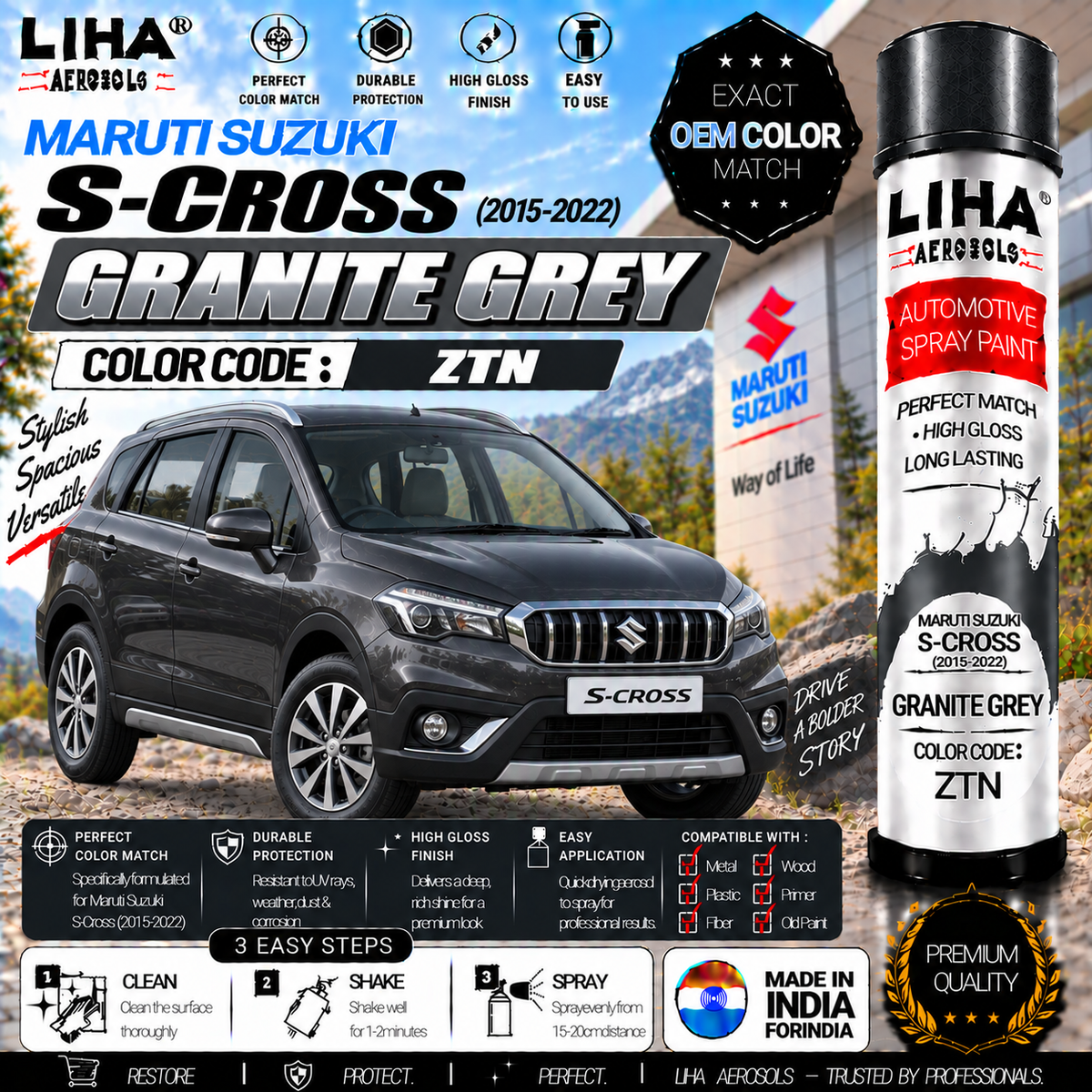 Maruti Suzuki S-Cross Granite Grey Touch Up Spray Paint – OEM Color Match | LIHA Aerosols 500ml