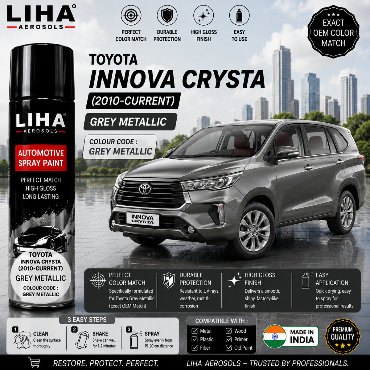 Toyota Innova Crysta Grey Metallic Touch Up Spray Paint – OEM Color Match | LIHA Aerosols 500ml