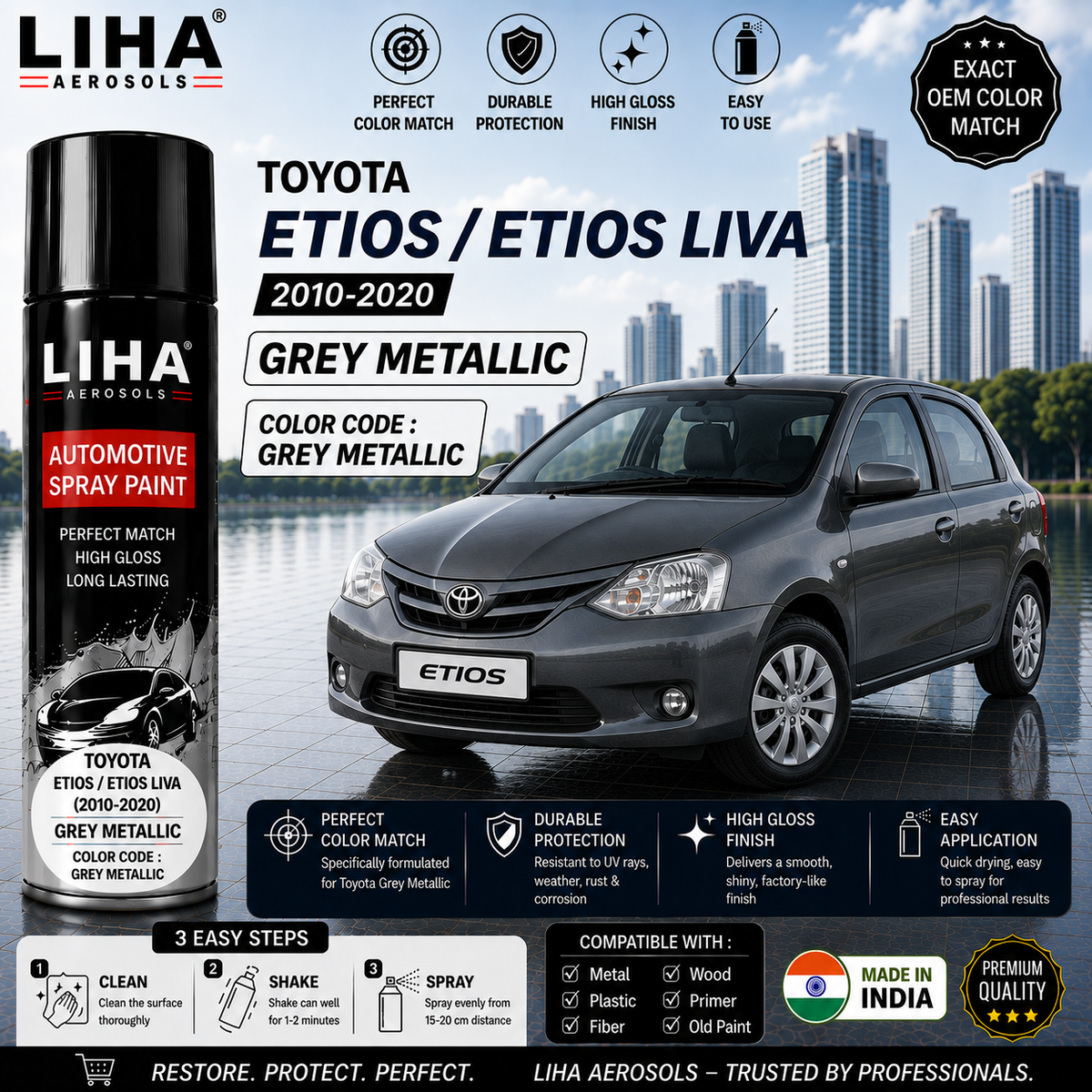 Toyota Etios / Etios Liva Grey Metallic Touch Up Spray Paint – OEM Color Match | LIHA Aerosols 500ml