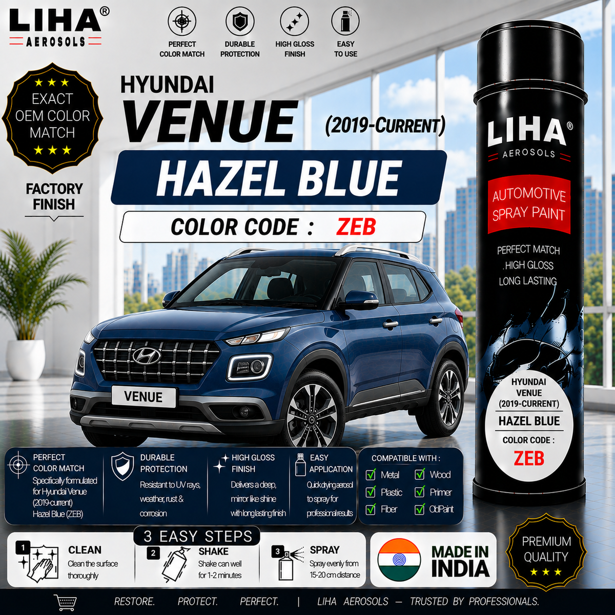 Hyundai Venue Hazel Blue Touch Up Spray Paint – OEM Color Match | LIHA Aerosols 500ml