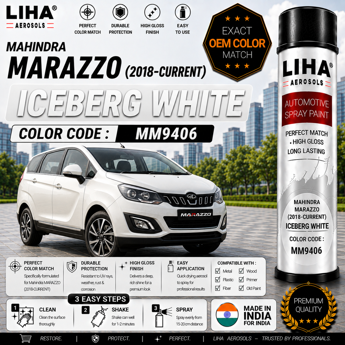 Mahindra Marazzo Iceberg White Touch Up Spray Paint – OEM Color Match | LIHA Aerosols 500ml