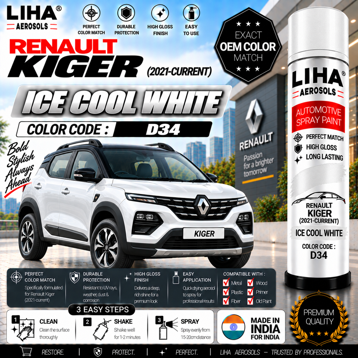 Renault Kiger Ice Cool White Touch Up Spray Paint – OEM Color Match | LIHA Aerosols 500ml