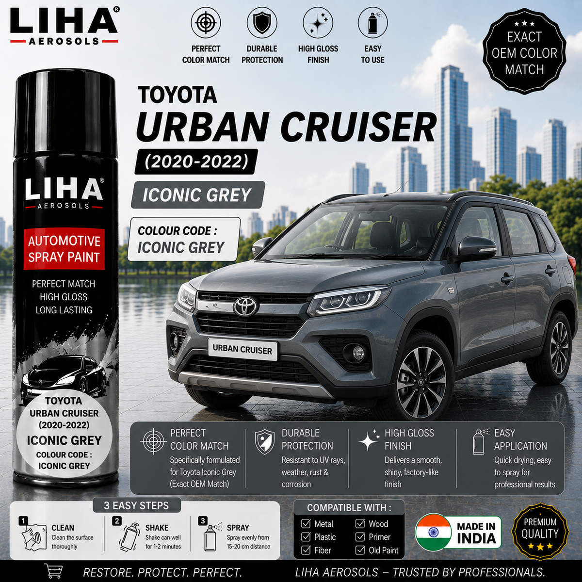Toyota Urban Cruiser Iconic Grey Touch Up Spray Paint – OEM Color Match | LIHA Aerosols 500ml