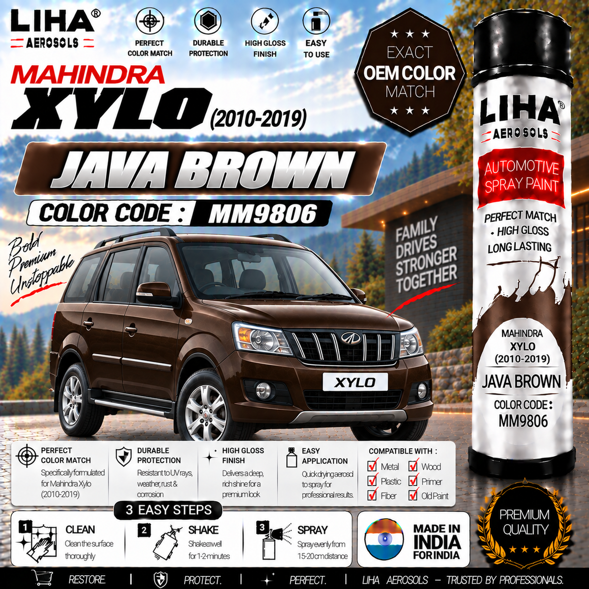 Mahindra Xylo Java Brown Touch Up Spray Paint – OEM Color Match | LIHA Aerosols 500ml
