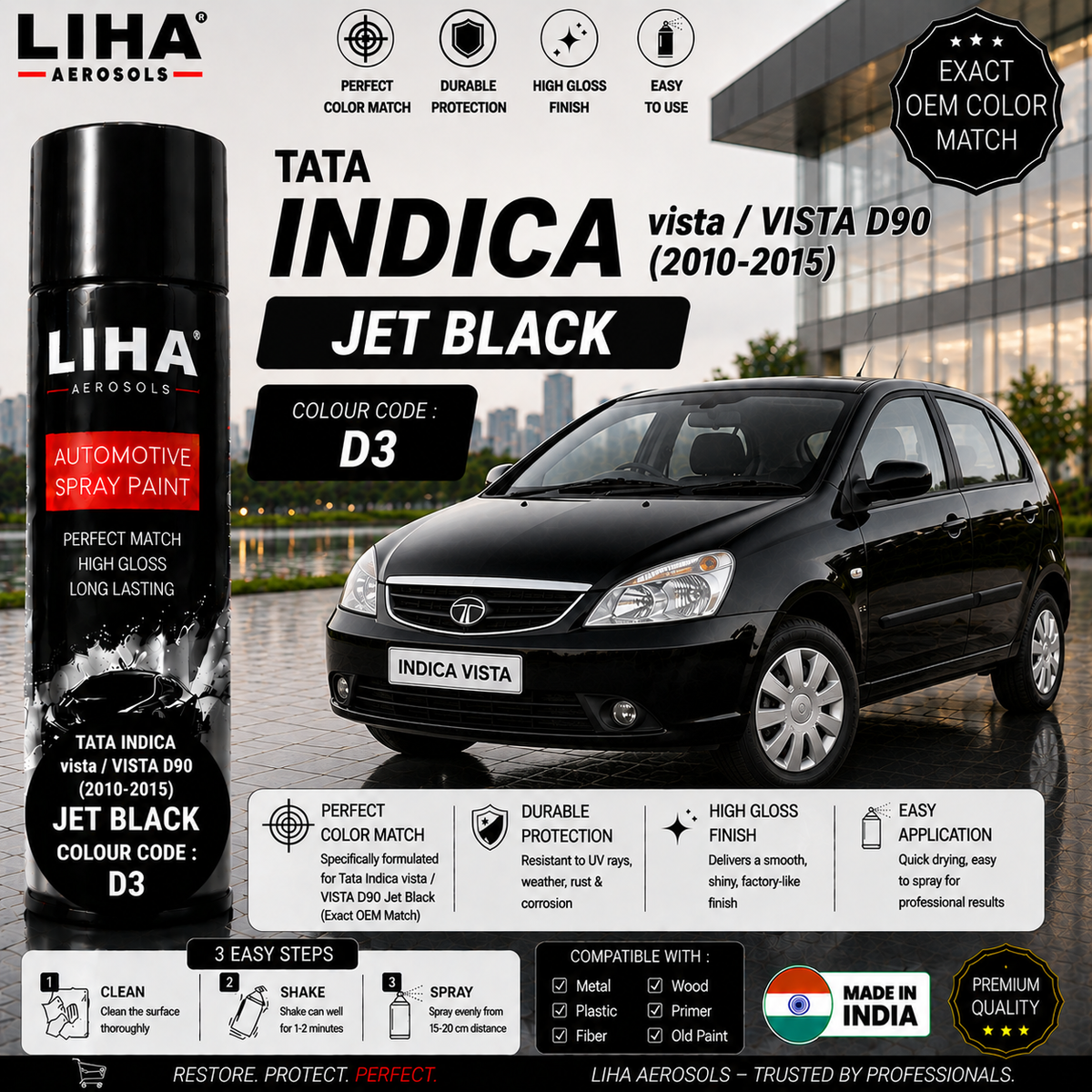 Tata Indica Vista / Vista D90 Jet Black Touch Up Spray Paint – OEM Color Match | LIHA Aerosols 500ml