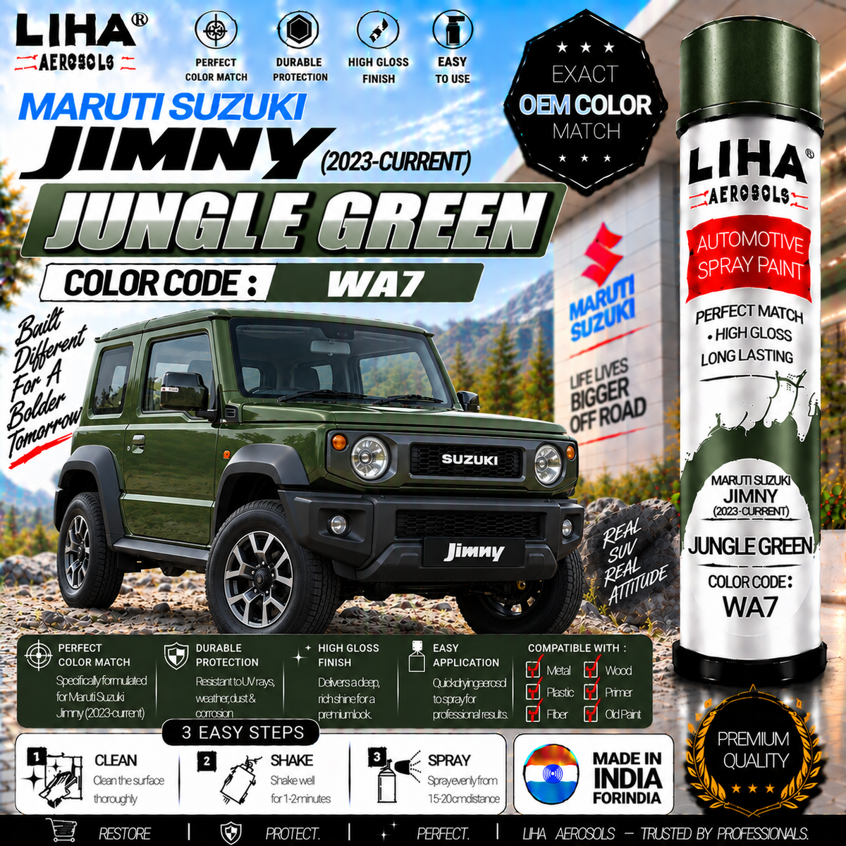 Maruti Suzuki Jimny Jungle Green Touch Up Spray Paint – OEM Color Match | LIHA Aerosols 500ml
