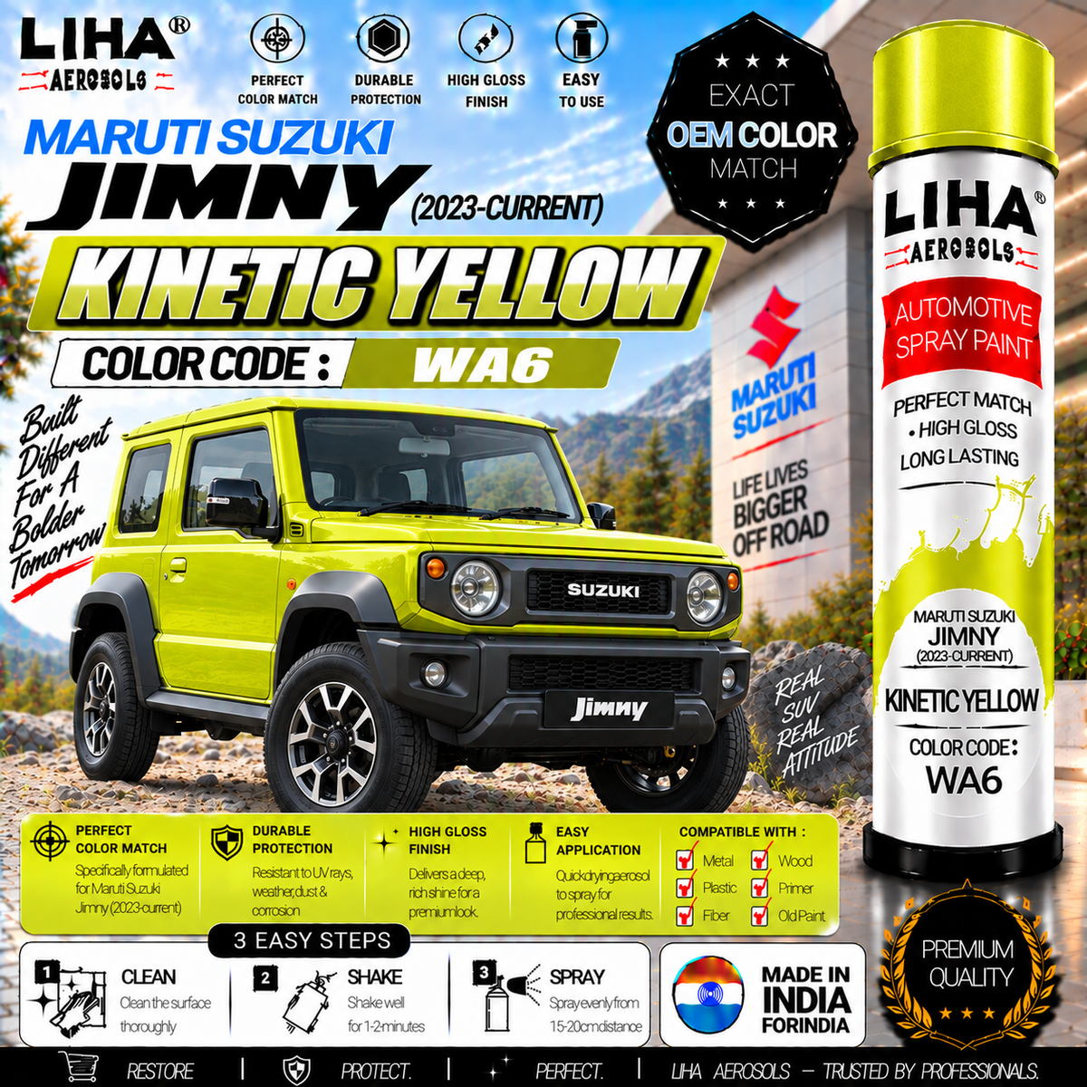 Maruti Suzuki Jimny Kinetic Yellow Touch Up Spray Paint – OEM Color Match | LIHA Aerosols 500ml