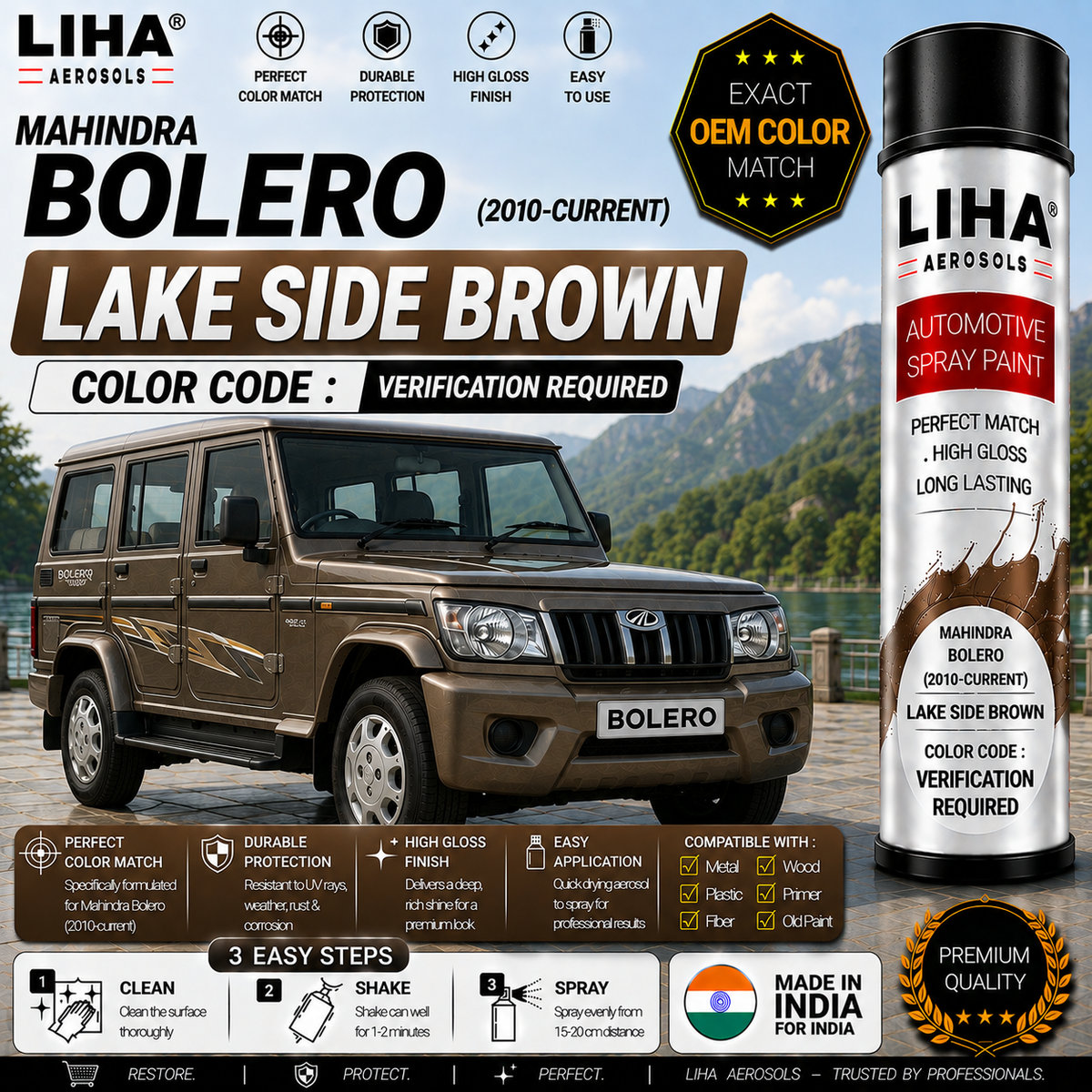 Mahindra Bolero Lake Side Brown Touch Up Spray Paint – OEM Color Match | LIHA Aerosols 500ml