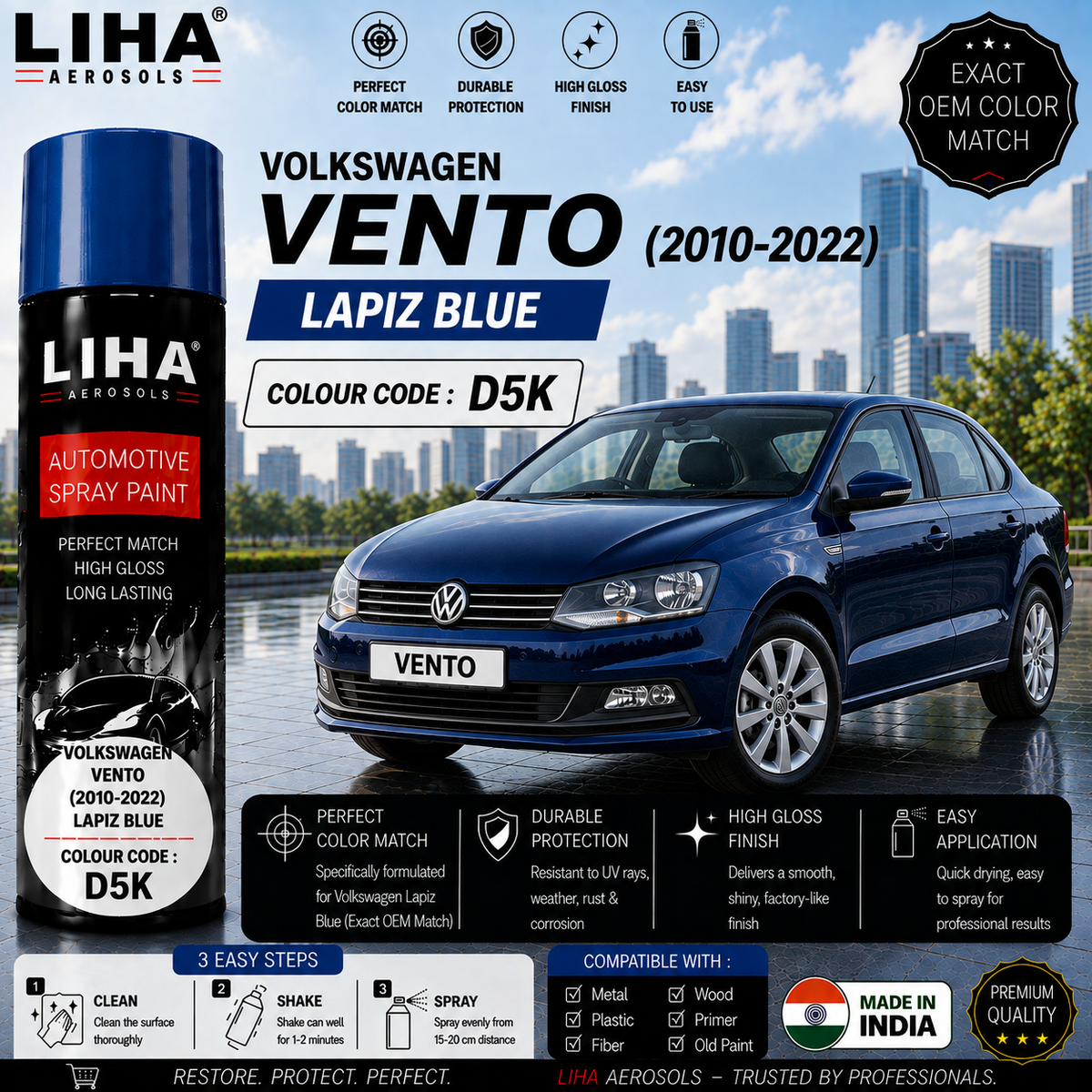 Volkswagen Vento Lapiz Blue Touch Up Spray Paint – OEM Color Match | LIHA Aerosols 500ml
