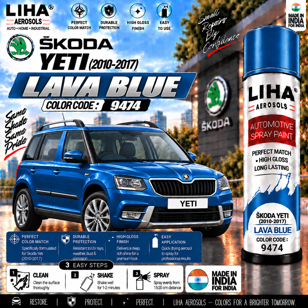 Skoda Yeti Lava Blue Touch Up Spray Paint – OEM Color Match | LIHA Aerosols 500ml