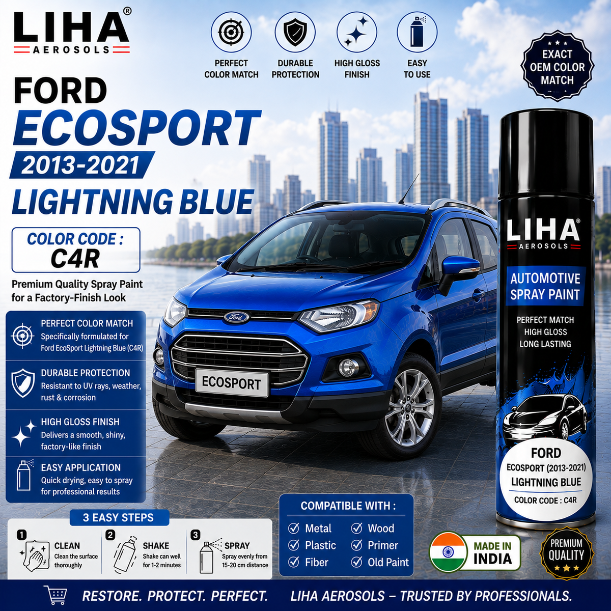Ford EcoSport Lightning Blue Touch Up Spray Paint – OEM Color Match C4R | LIHA Aerosols 500ml