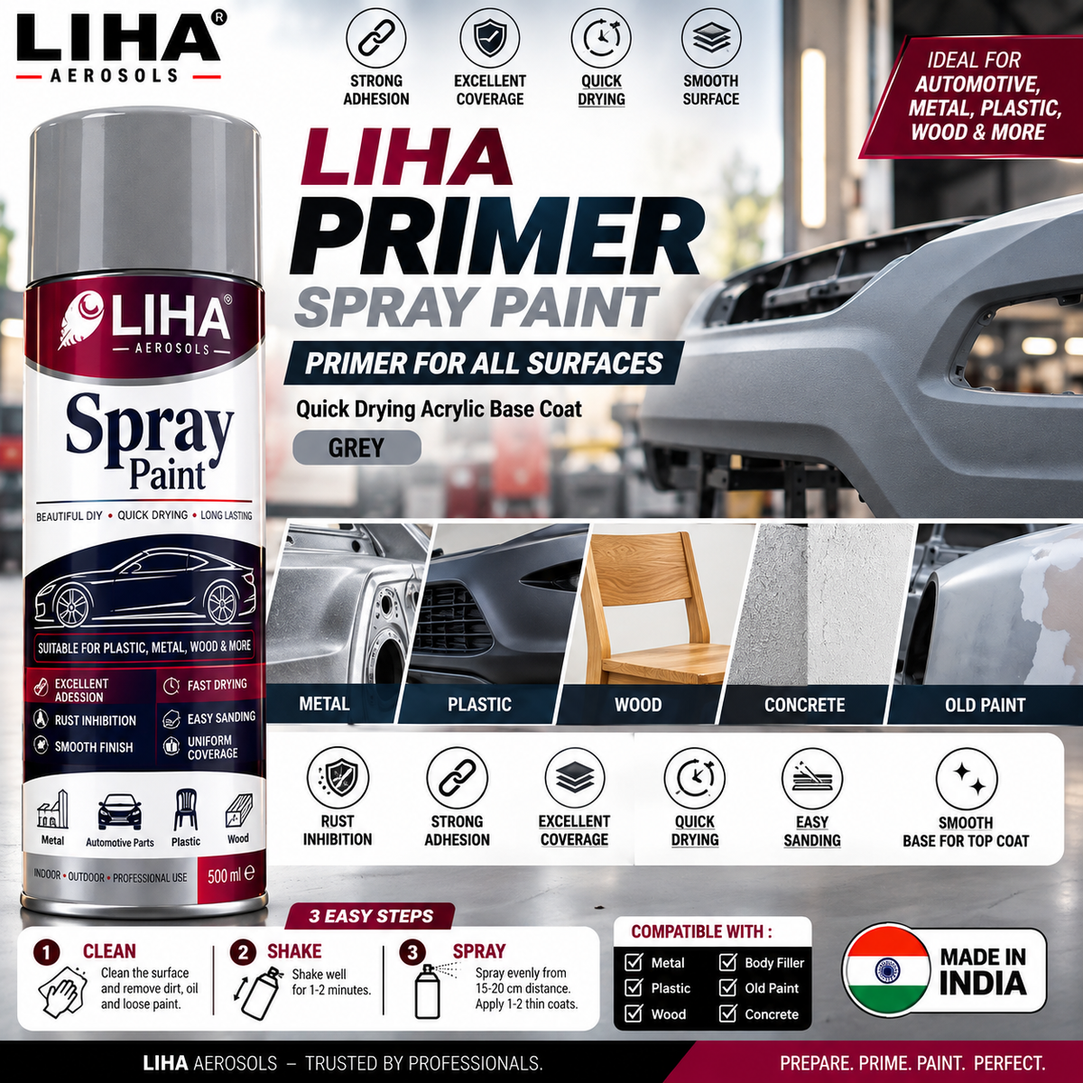 LIHA Primer Spray – Primer for All Surfaces | Quick Drying Acrylic Base Coat (Grey)