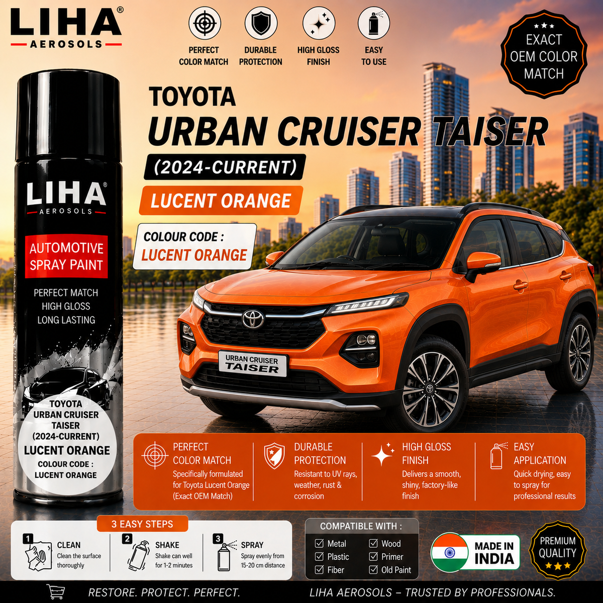 Toyota Urban Cruiser Taisor Lucent Orange Touch Up Spray Paint – OEM Color Match | LIHA Aerosols 500ml