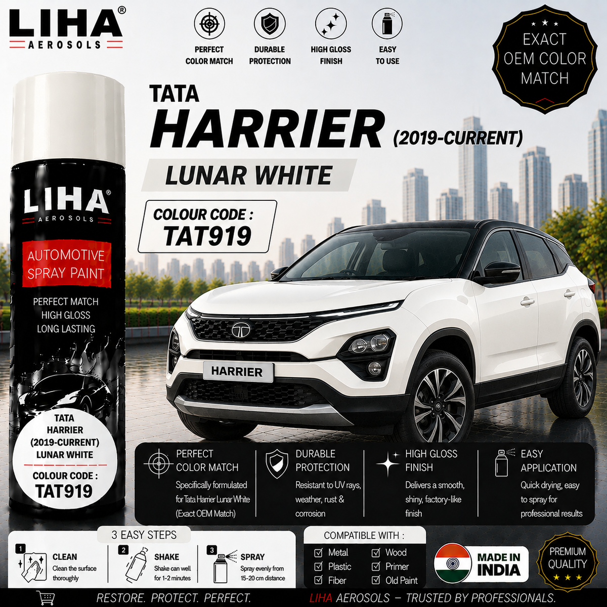 Tata Harrier Lunar White Touch Up Spray Paint – OEM Color Match | LIHA Aerosols 500ml