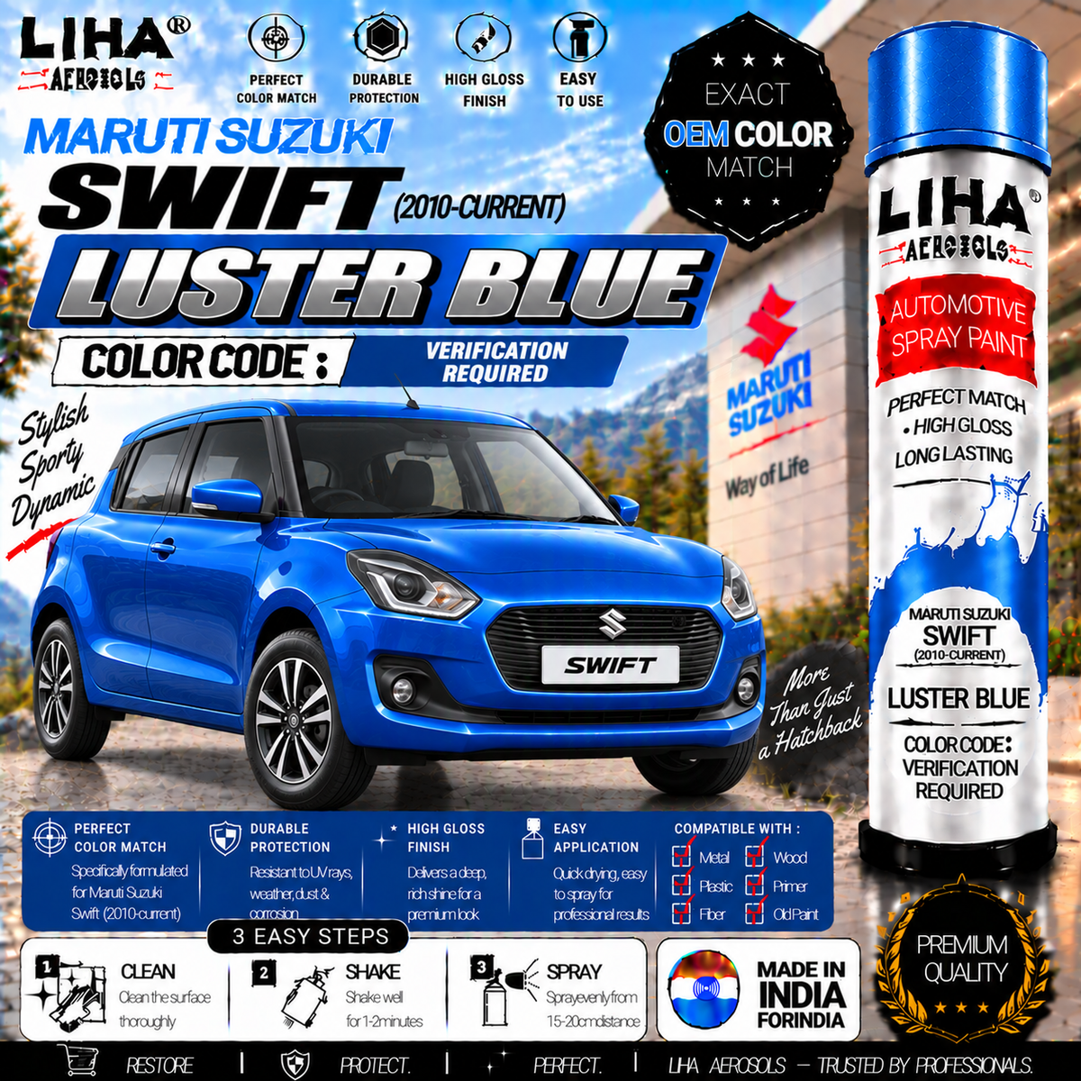 Maruti Suzuki Swift Luster Blue Touch Up Spray Paint – OEM Color Match | LIHA Aerosols 500ml