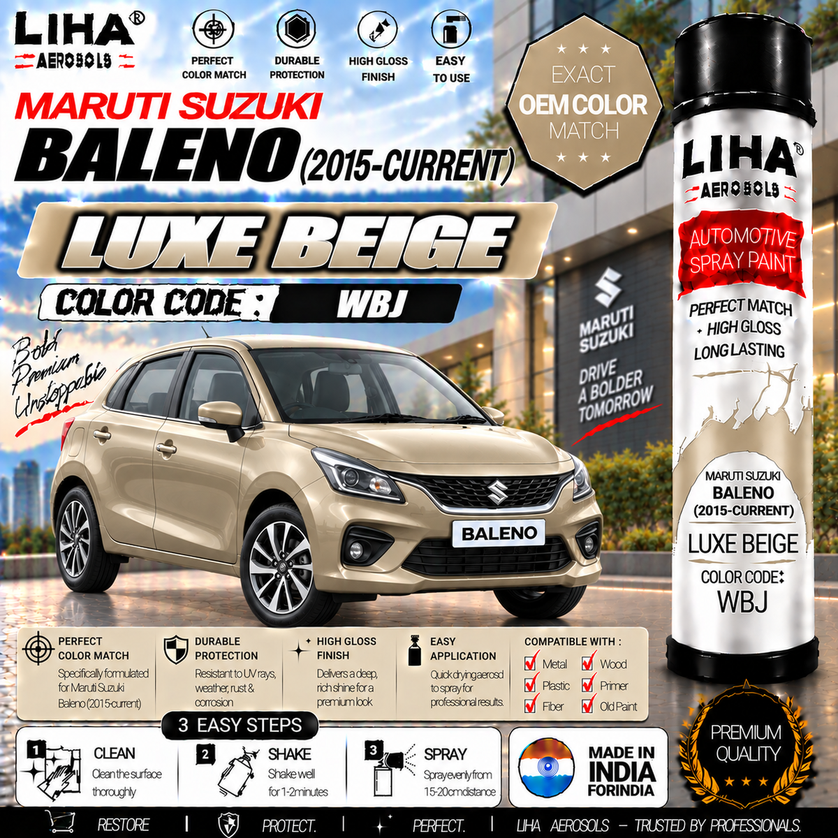 Maruti Suzuki Baleno Luxe Beige Touch Up Spray Paint – OEM Color Match | LIHA Aerosols 500ml