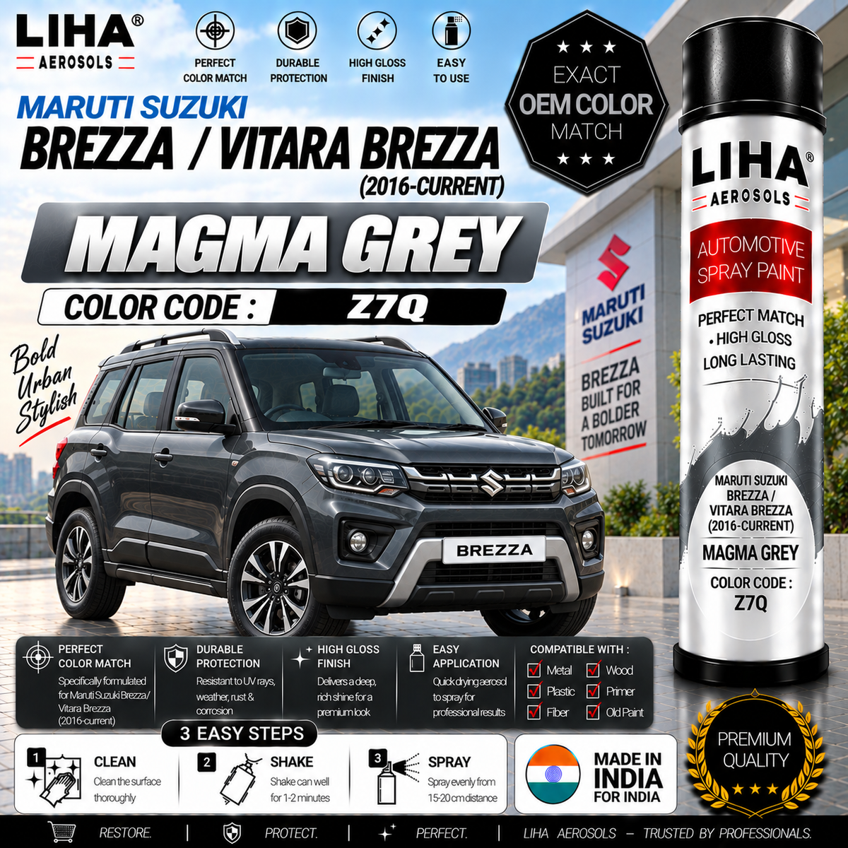 Maruti Suzuki Brezza / Vitara Brezza Magma Grey Touch Up Spray Paint – OEM Color Match | LIHA Aerosols 500ml