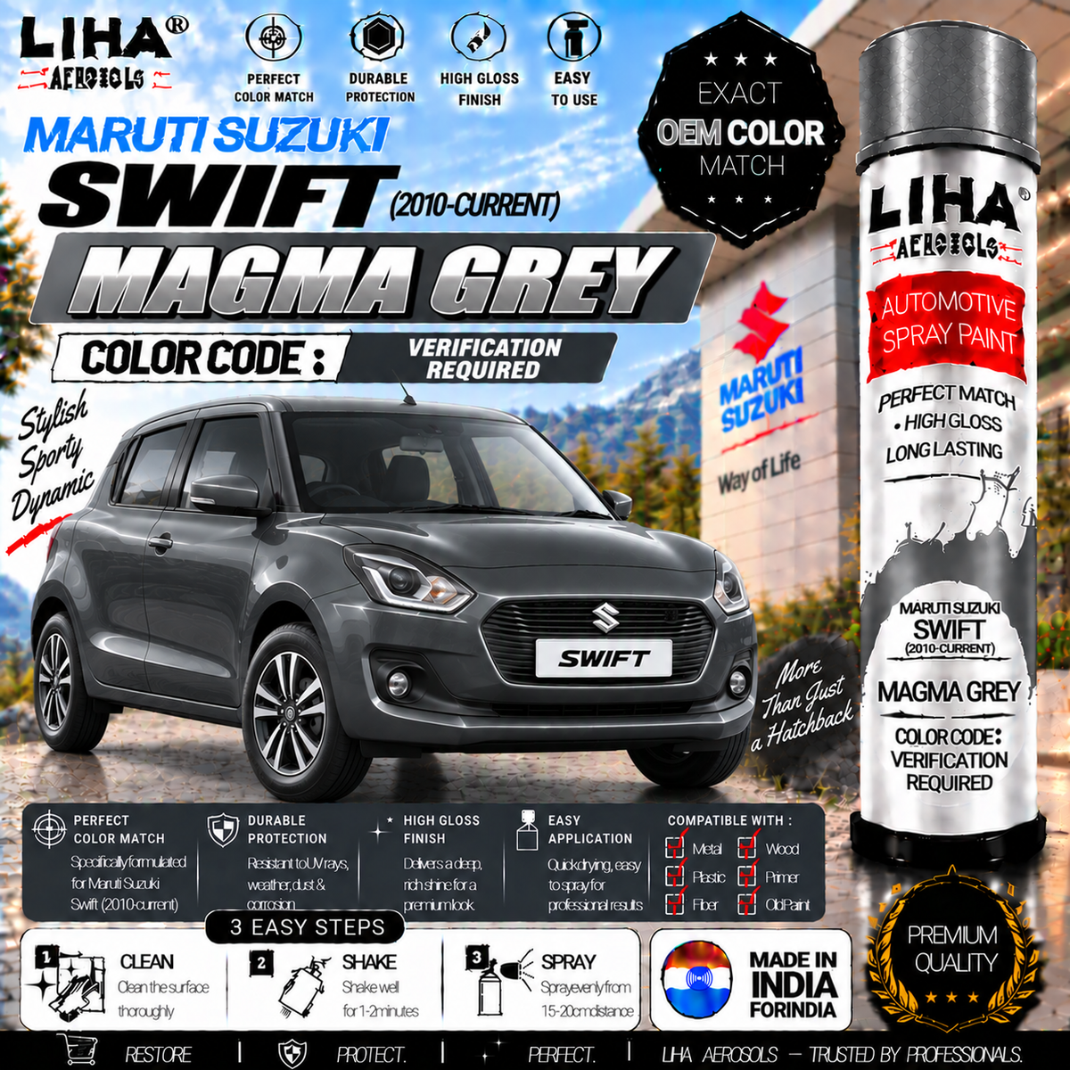Maruti Suzuki Swift Magma Grey Touch Up Spray Paint – OEM Color Match | LIHA Aerosols 500ml