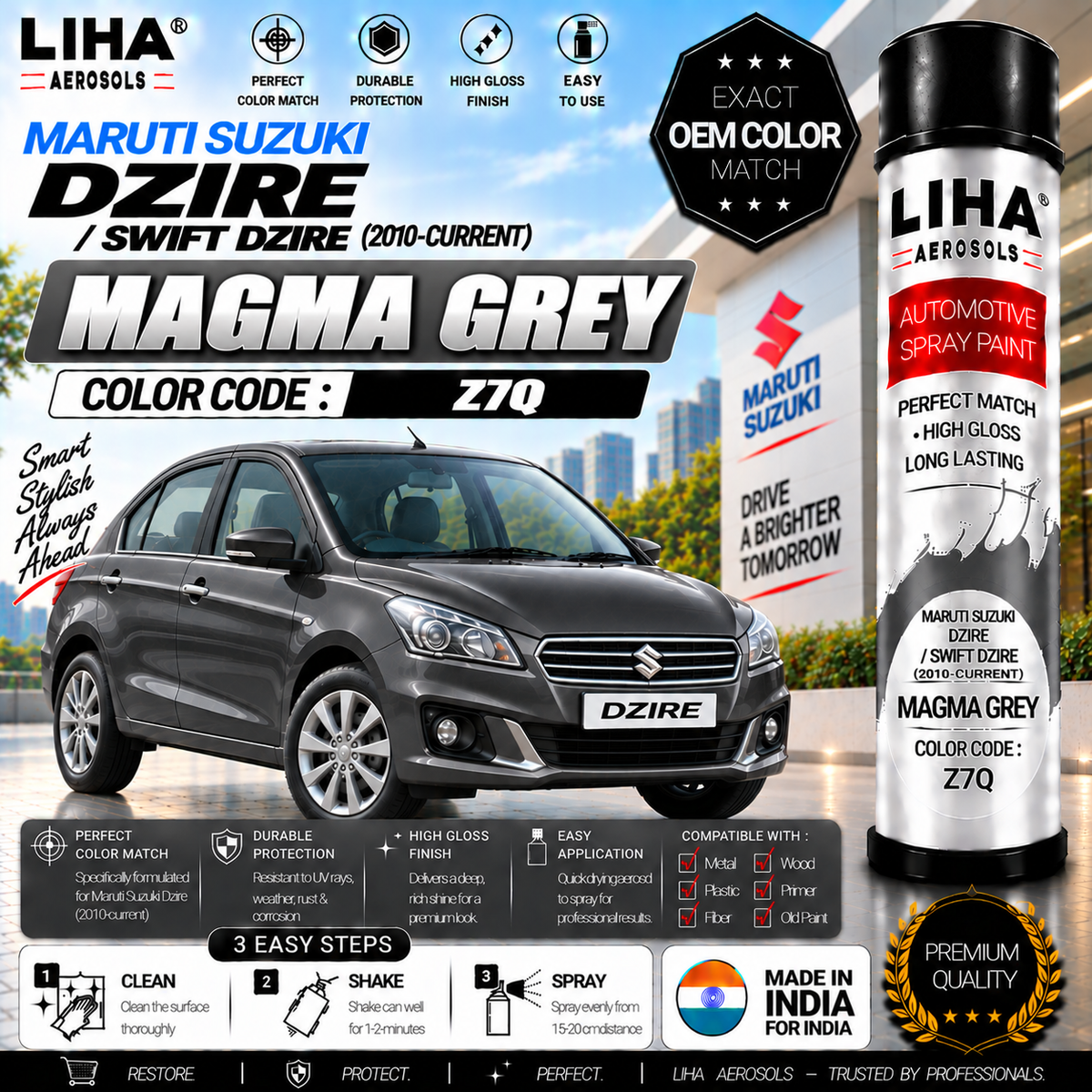Maruti Suzuki Dzire / Swift Dzire Magma Grey Touch Up Spray Paint – OEM Color Match | LIHA Aerosols 500ml
