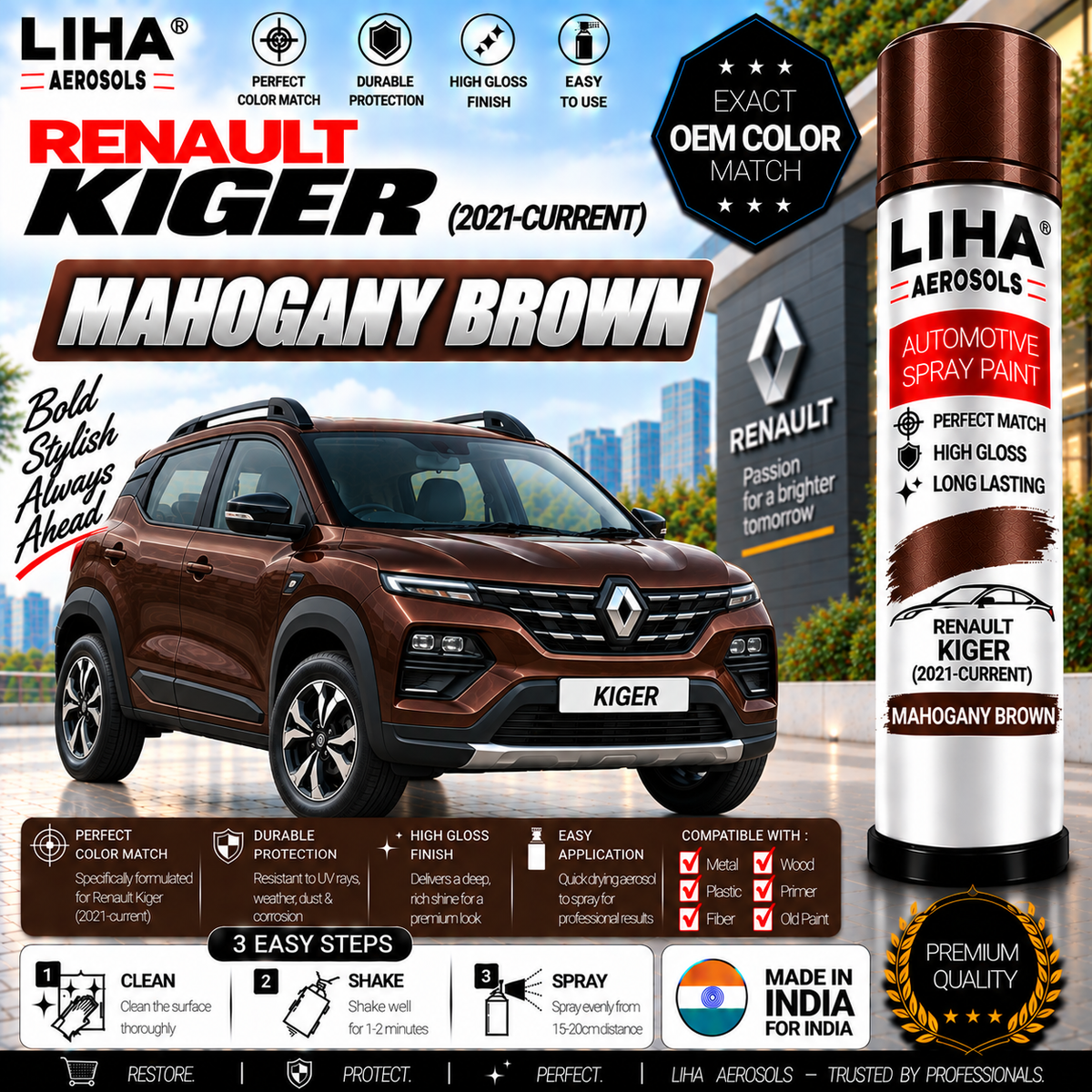 Renault Kiger Mahogany Brown Touch Up Spray Paint – OEM Color Match | LIHA Aerosols 500ml