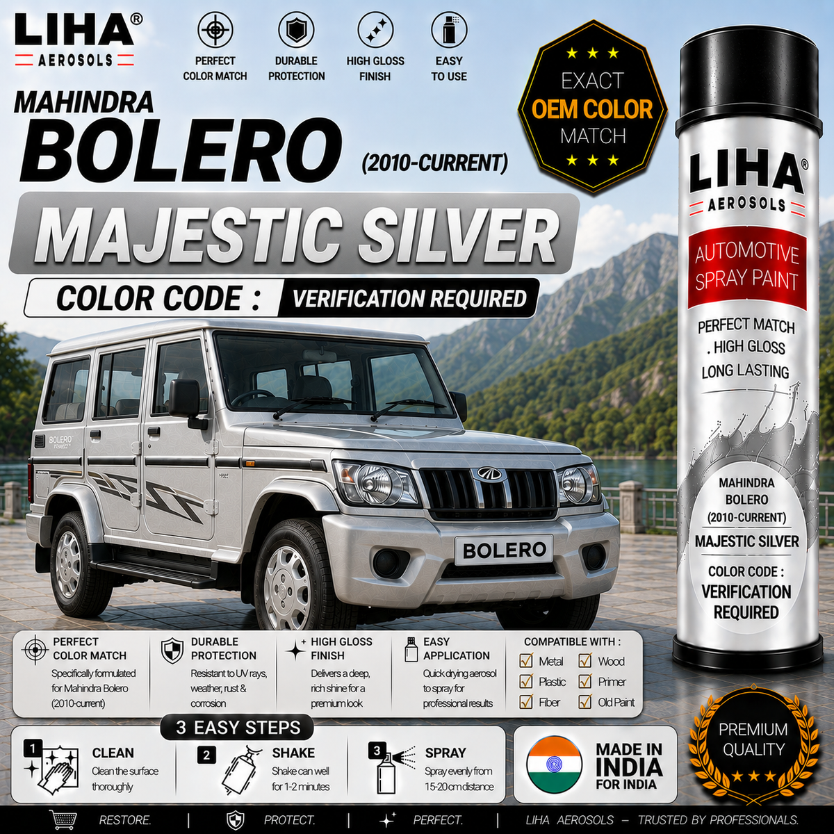 Mahindra Bolero Majestic Silver Touch Up Spray Paint – OEM Color Match | LIHA Aerosols 500ml