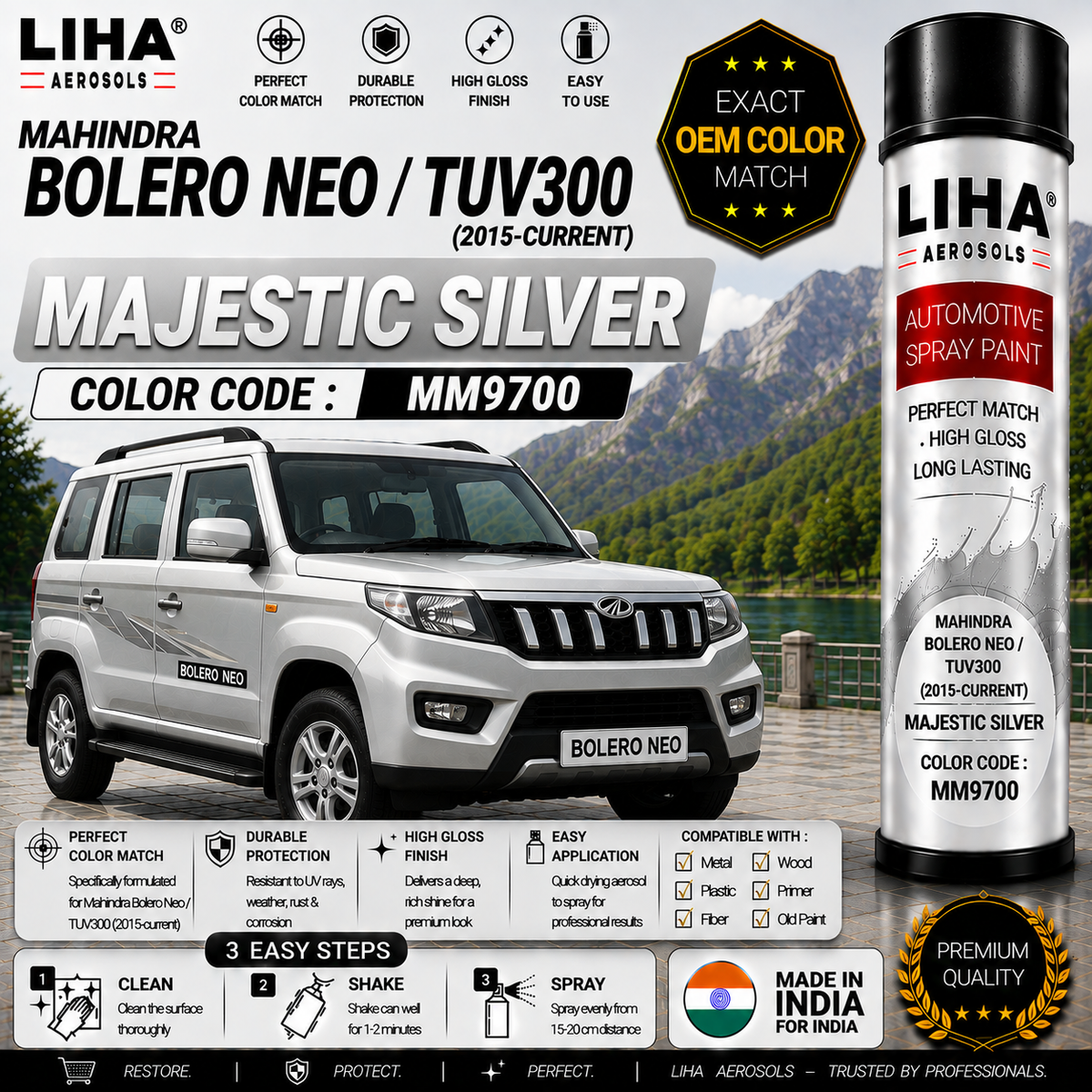 Mahindra Bolero Neo / TUV300 Majestic Silver Touch Up Spray Paint – OEM Color Match | LIHA Aerosols 500ml