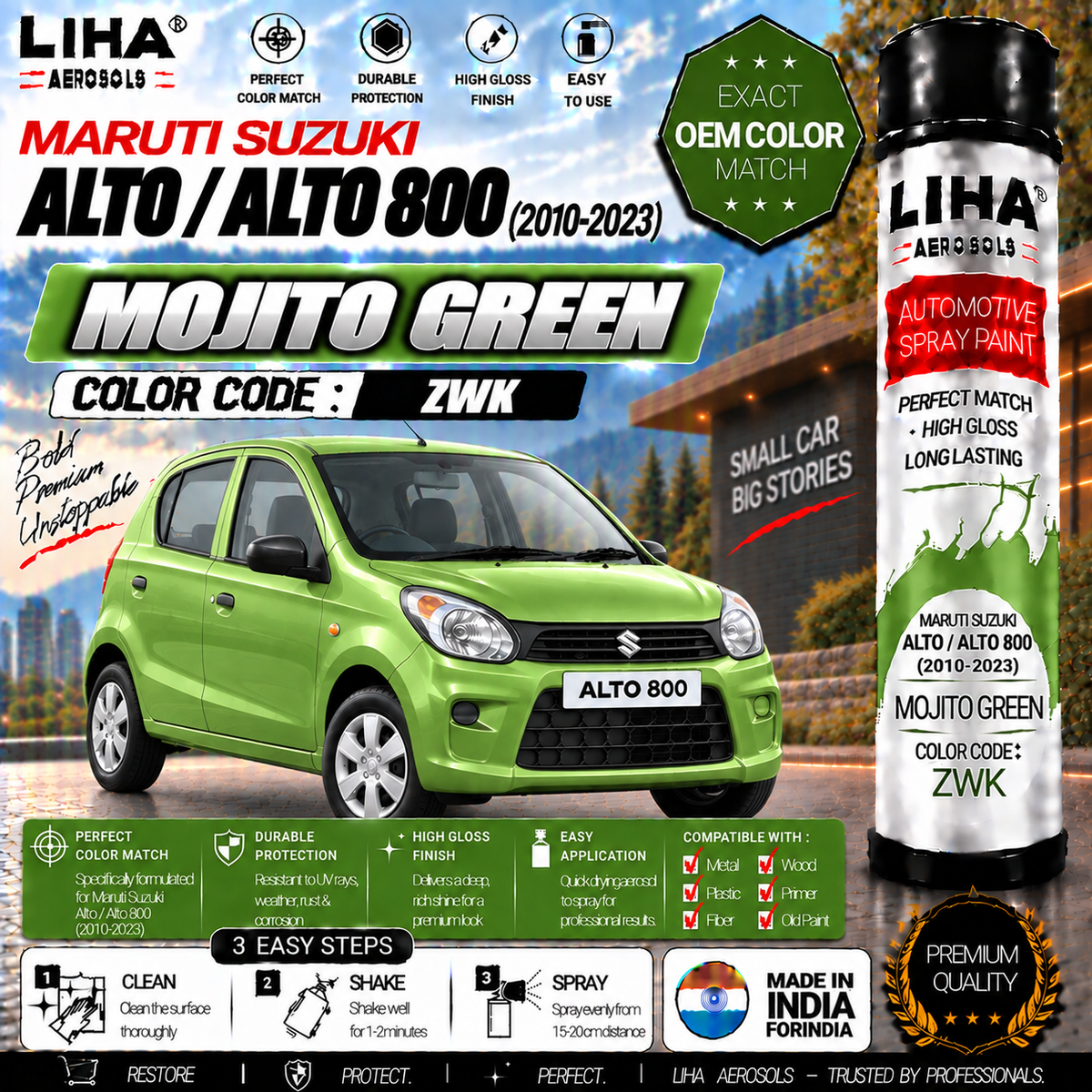 Maruti Suzuki Alto / Alto 800 Mojito Green Touch Up Spray Paint – OEM Color Match | LIHA Aerosols 500ml