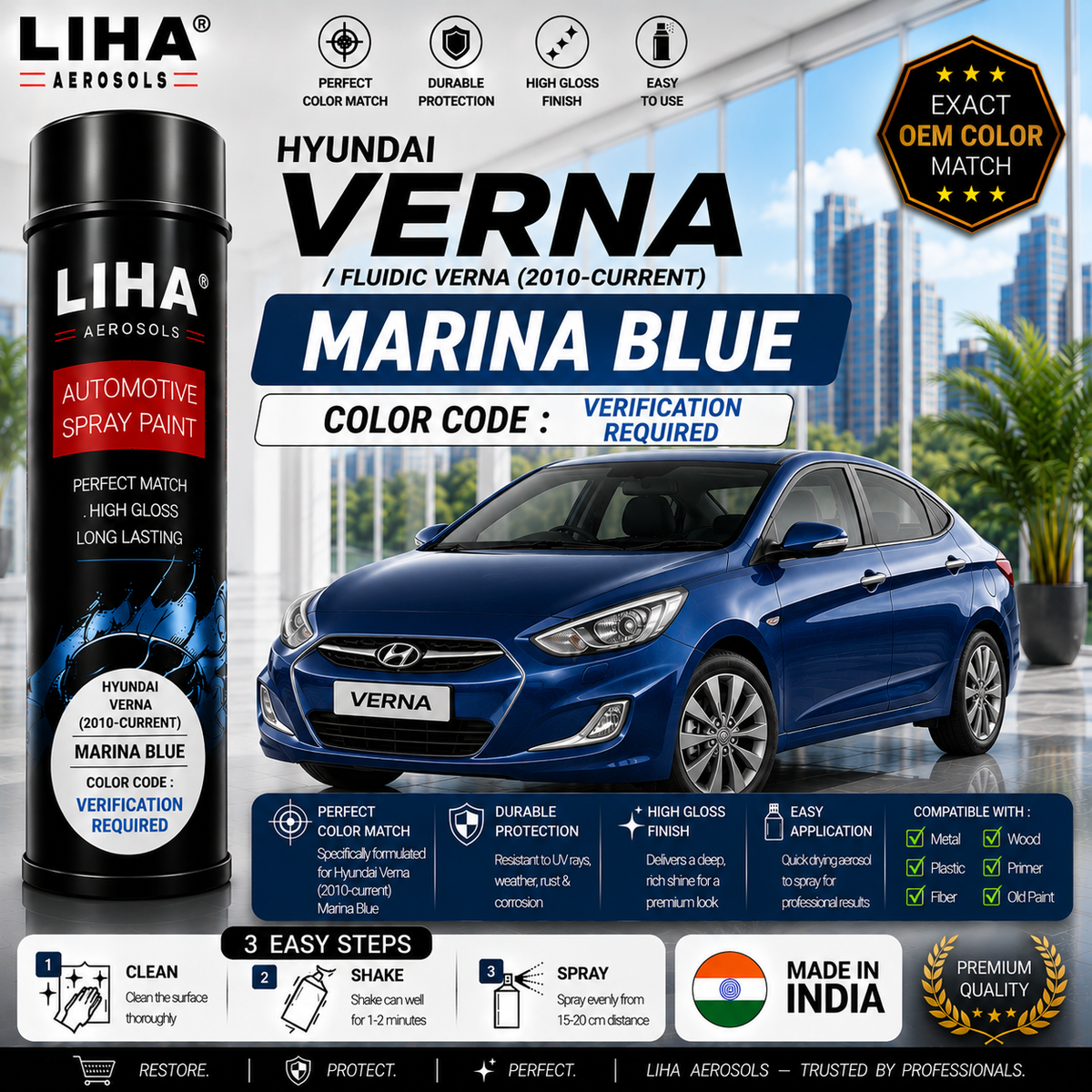 Hyundai Verna / Fluidic Verna Marina Blue Touch Up Spray Paint – OEM Color Match | LIHA Aerosols 500ml