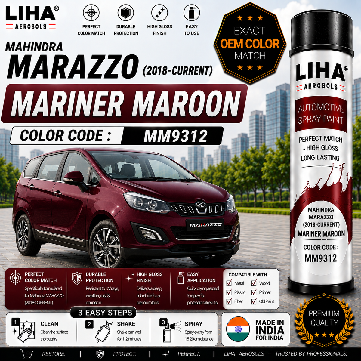Mahindra Marazzo Mariner Maroon Touch Up Spray Paint – OEM Color Match | LIHA Aerosols 500ml
