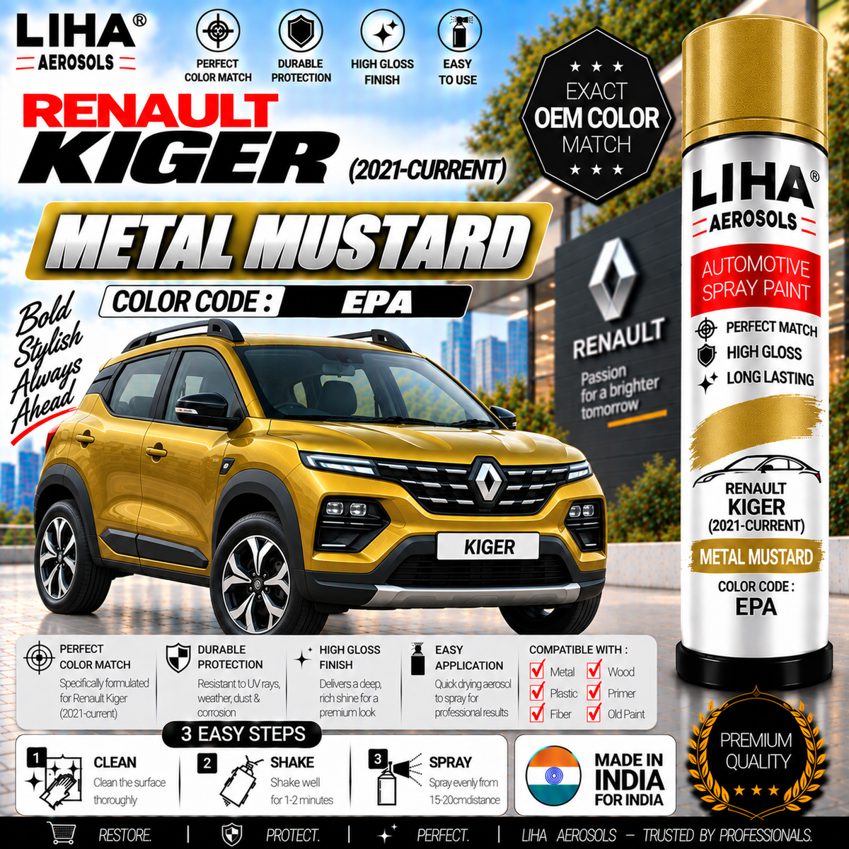 Renault Kiger Metal Mustard Touch Up Spray Paint – OEM Color Match | LIHA Aerosols 500ml