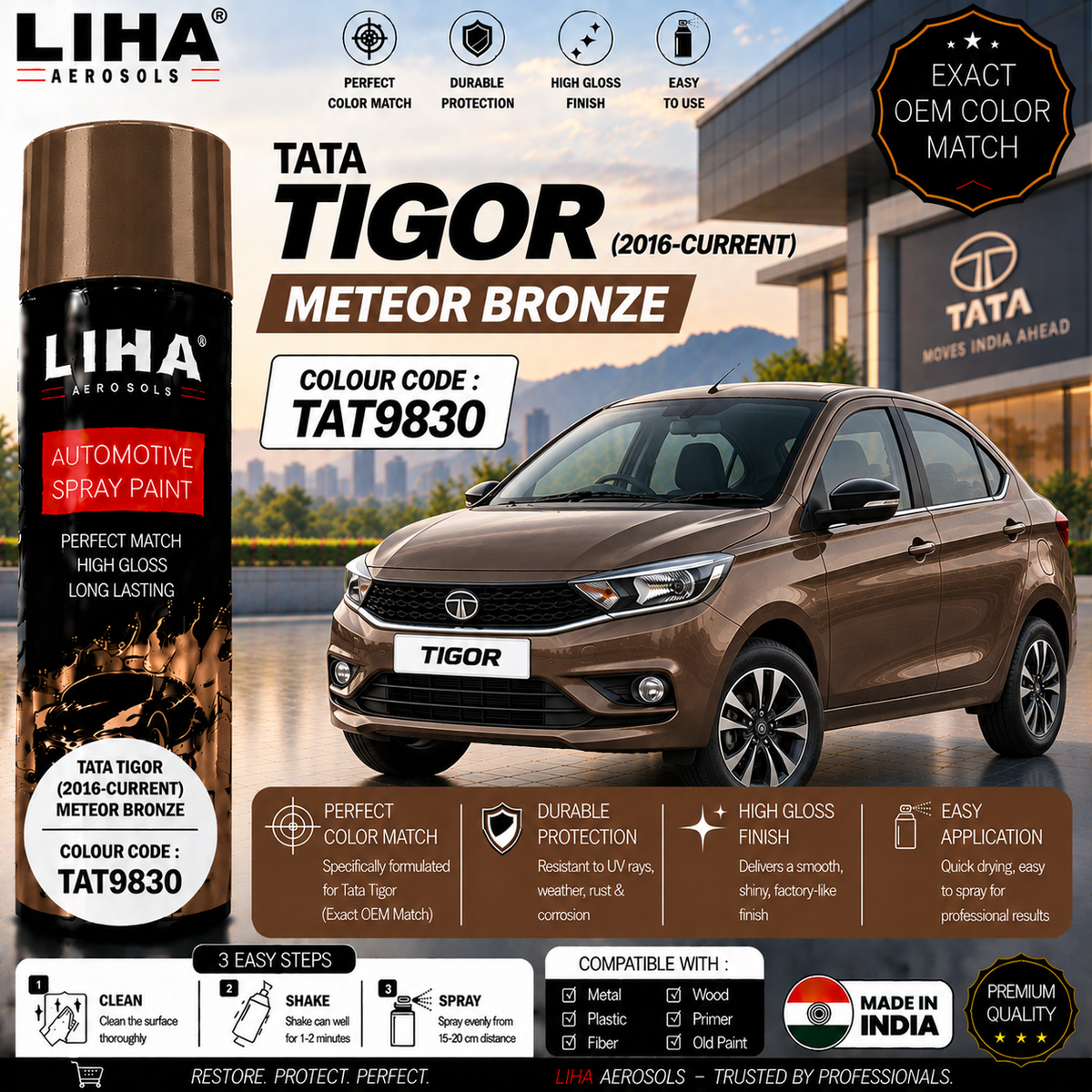 Tata Tigor Meteor Bronze Touch Up Spray Paint – OEM Color Match | LIHA Aerosols 500ml