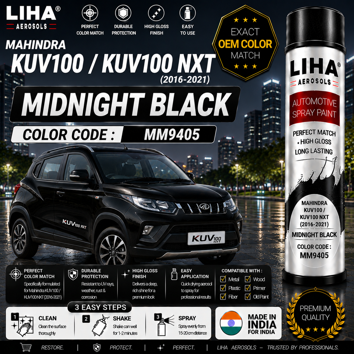 Mahindra KUV100 / KUV100 NXT Midnight Black Touch Up Spray Paint – OEM Color Match | LIHA Aerosols 500ml