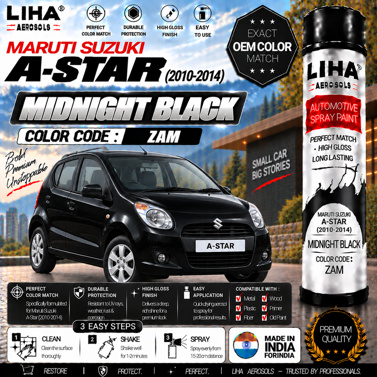 Maruti Suzuki A-Star Midnight Black Touch Up Spray Paint – OEM Color Match | LIHA Aerosols 500ml