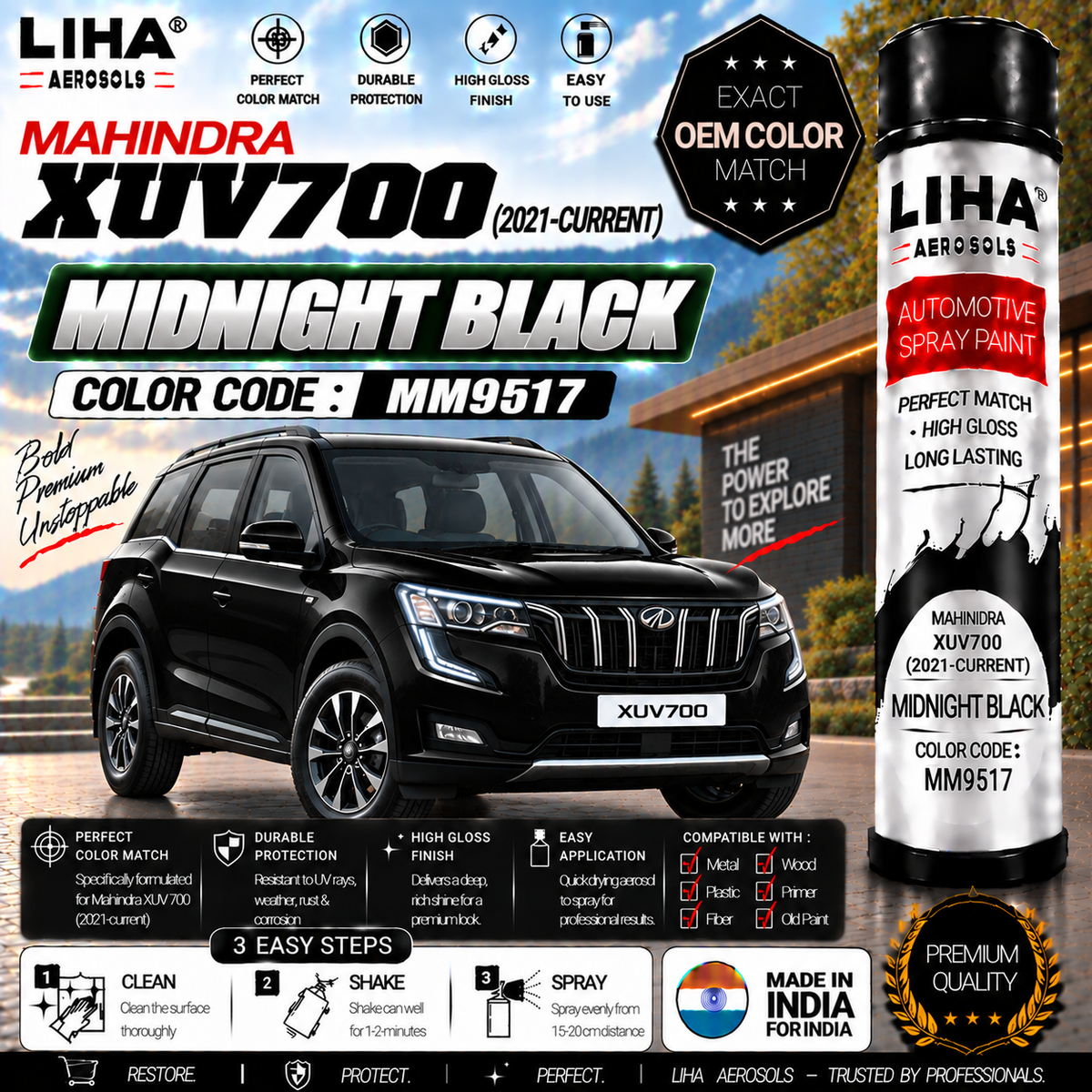 Mahindra XUV700 Midnight Black Touch Up Spray Paint – OEM Color Match | LIHA Aerosols 500ml