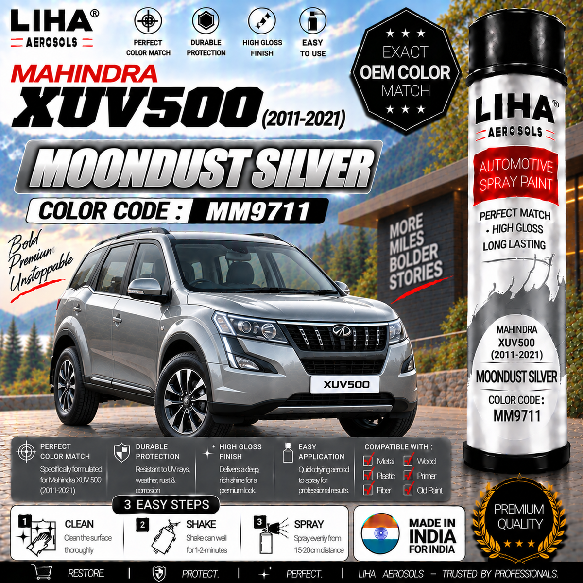 Mahindra XUV500 Moondust Silver Touch Up Spray Paint – OEM Color Match | LIHA Aerosols 500ml