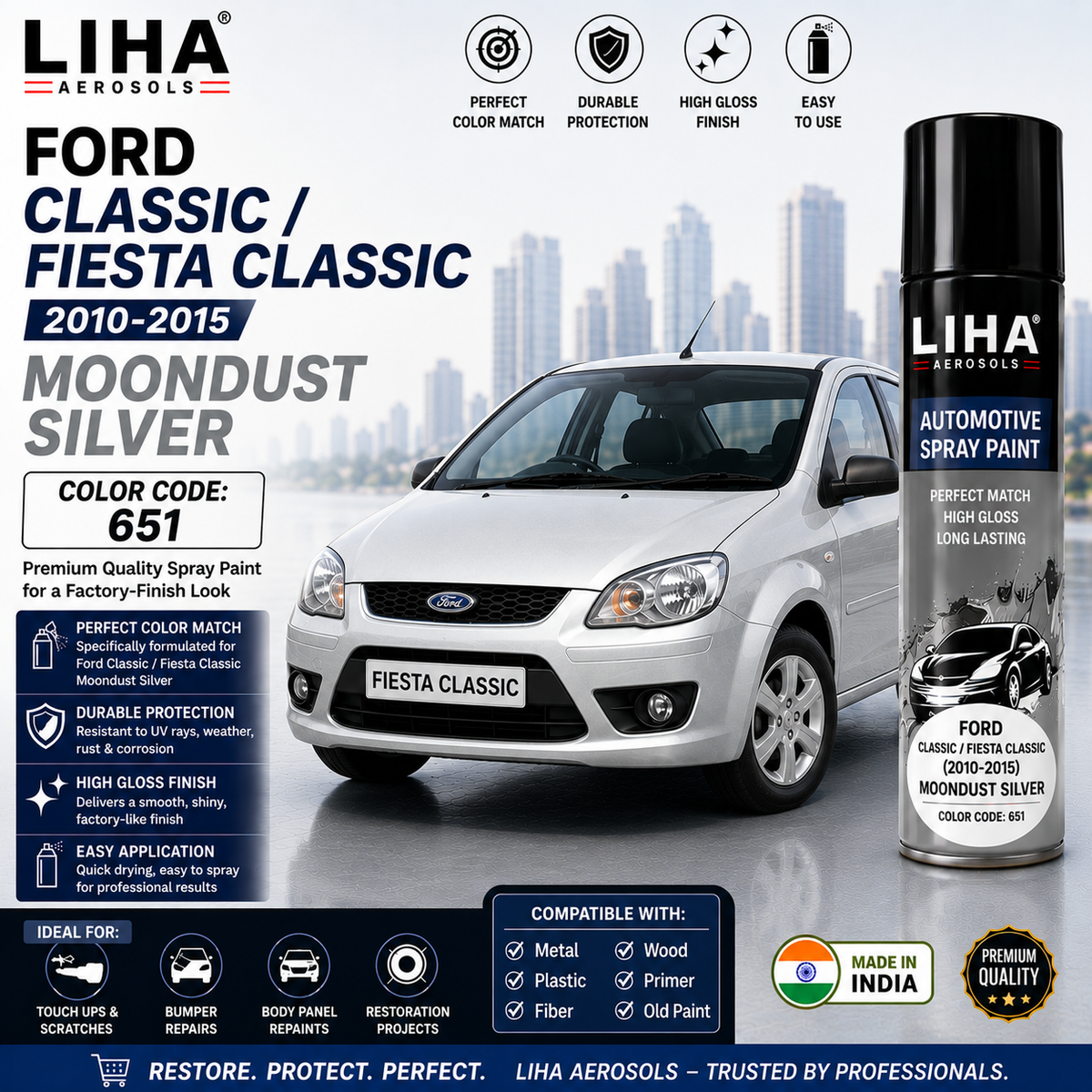 Ford Classic / Fiesta Classic Moondust Silver Touch Up Spray Paint – OEM Color Match 651 | LIHA Aerosols 500ml