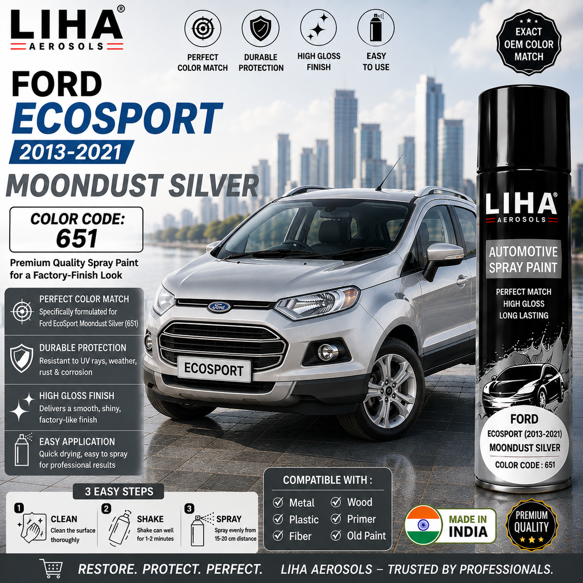 Ford EcoSport Moondust Silver Touch Up Spray Paint – OEM Color Match 651 | LIHA Aerosols 500ml