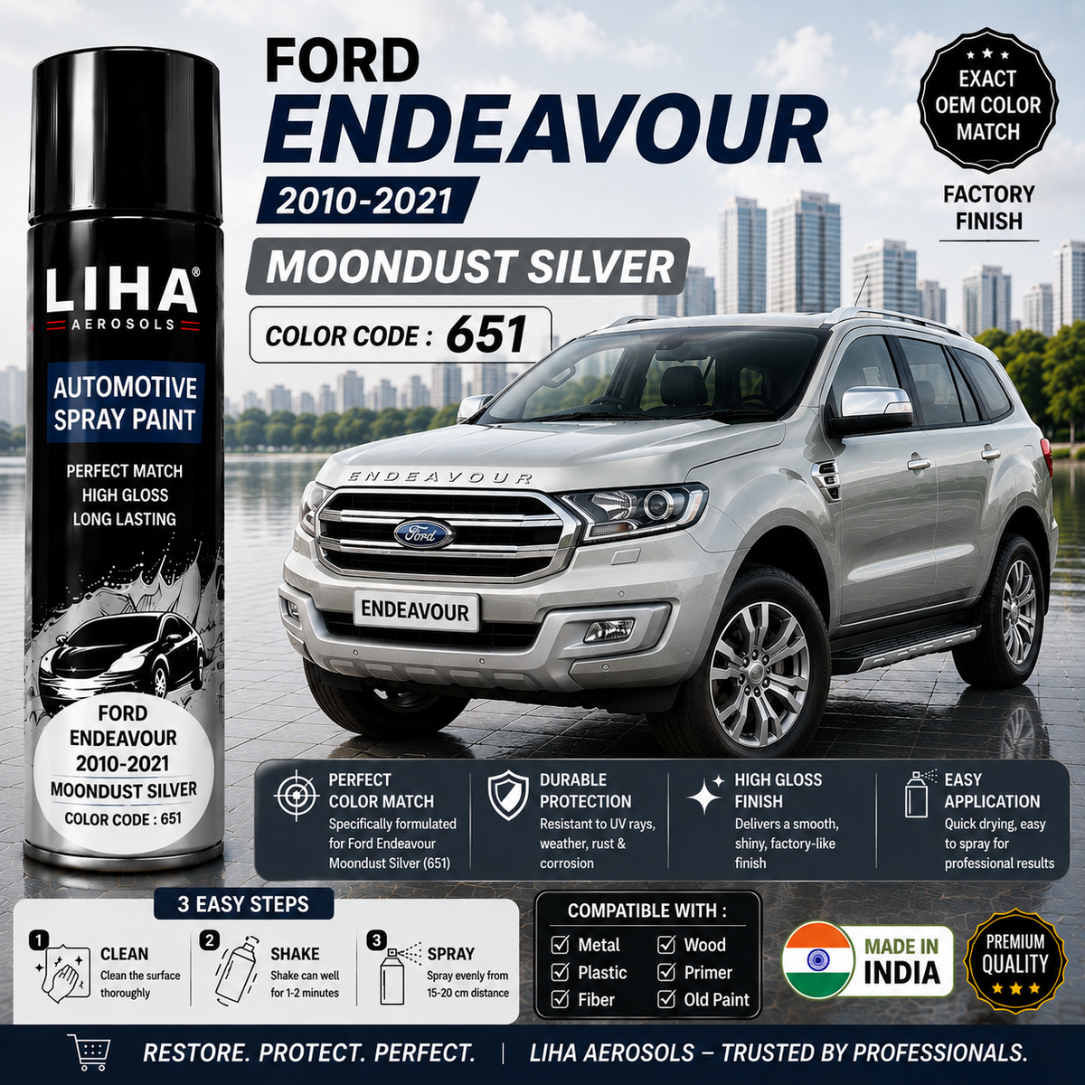 Ford Endeavour Moondust Silver Touch Up Spray Paint – OEM Color Match 651 | LIHA Aerosols 500ml
