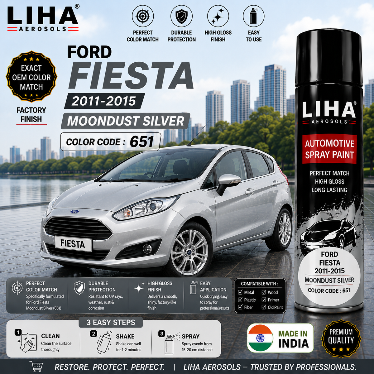 Ford Fiesta Moondust Silver Touch Up Spray Paint – OEM Color Match 651 | LIHA Aerosols 500ml