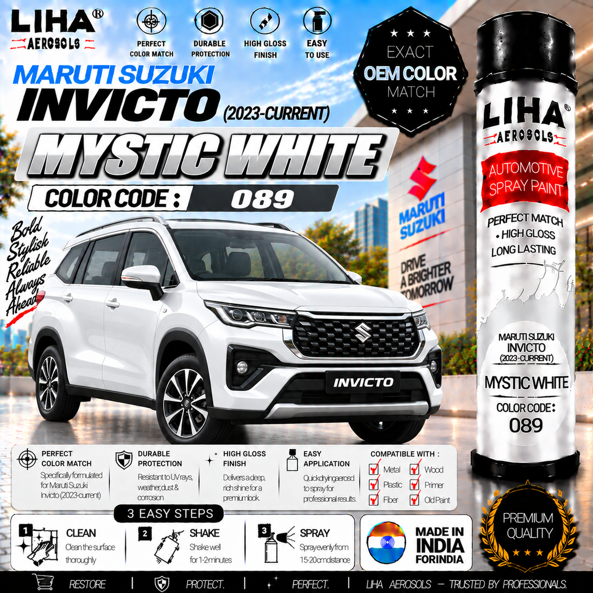 Maruti Suzuki Invicto Mystic White Touch Up Spray Paint – OEM Color Match | LIHA Aerosols 500ml