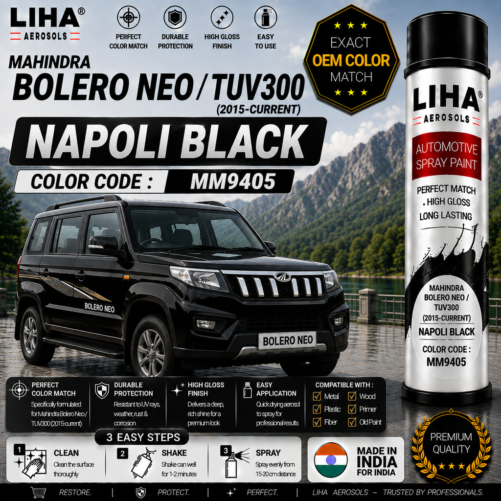 Mahindra Bolero Neo / TUV300 Napoli Black Touch Up Spray Paint – OEM Color Match | LIHA Aerosols 500ml